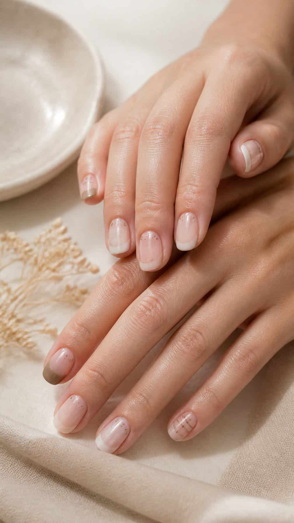 Close-up of well-groomed hands displaying subtle neutral nail designs on a light background.
