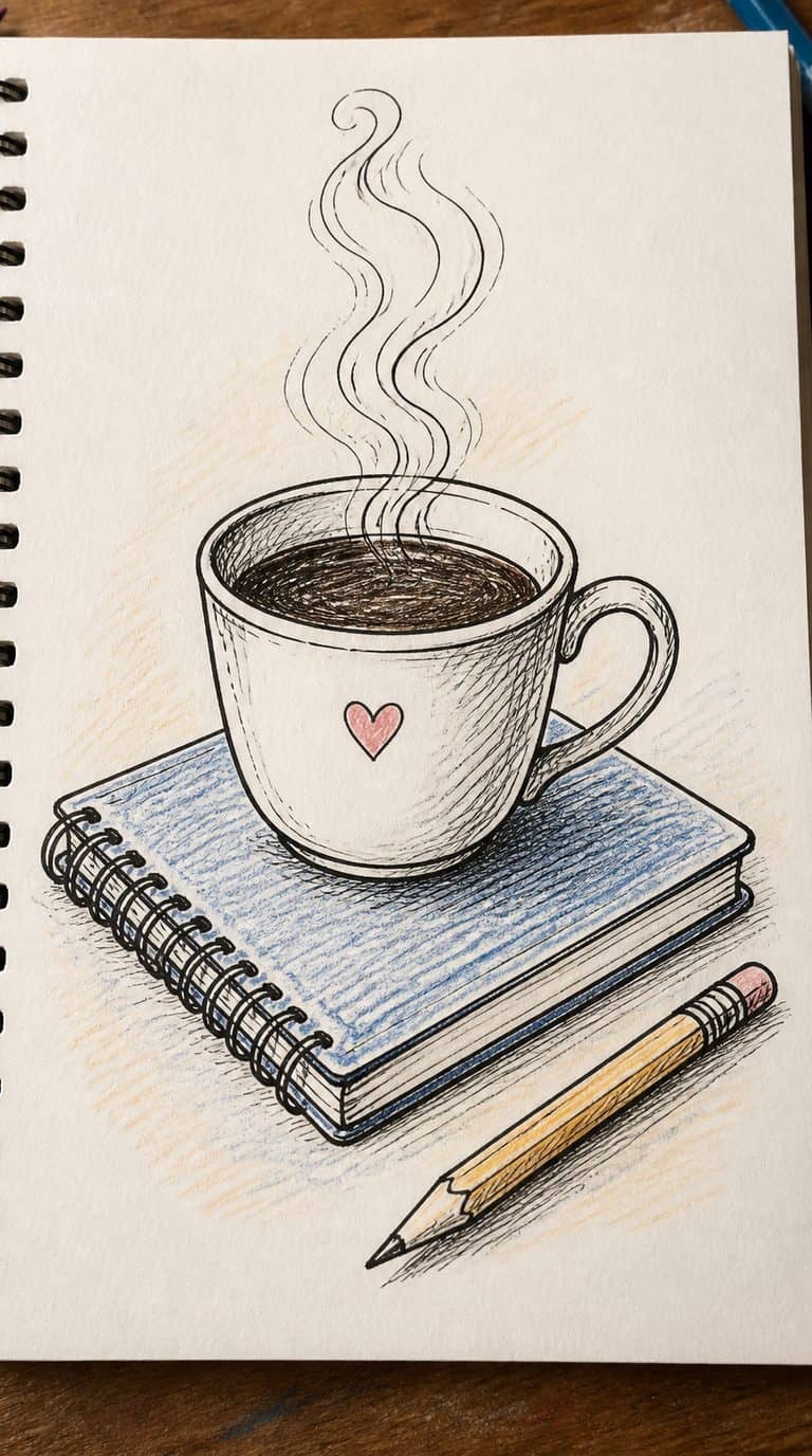 A hand-drawn artwork of coffee cup with steam.