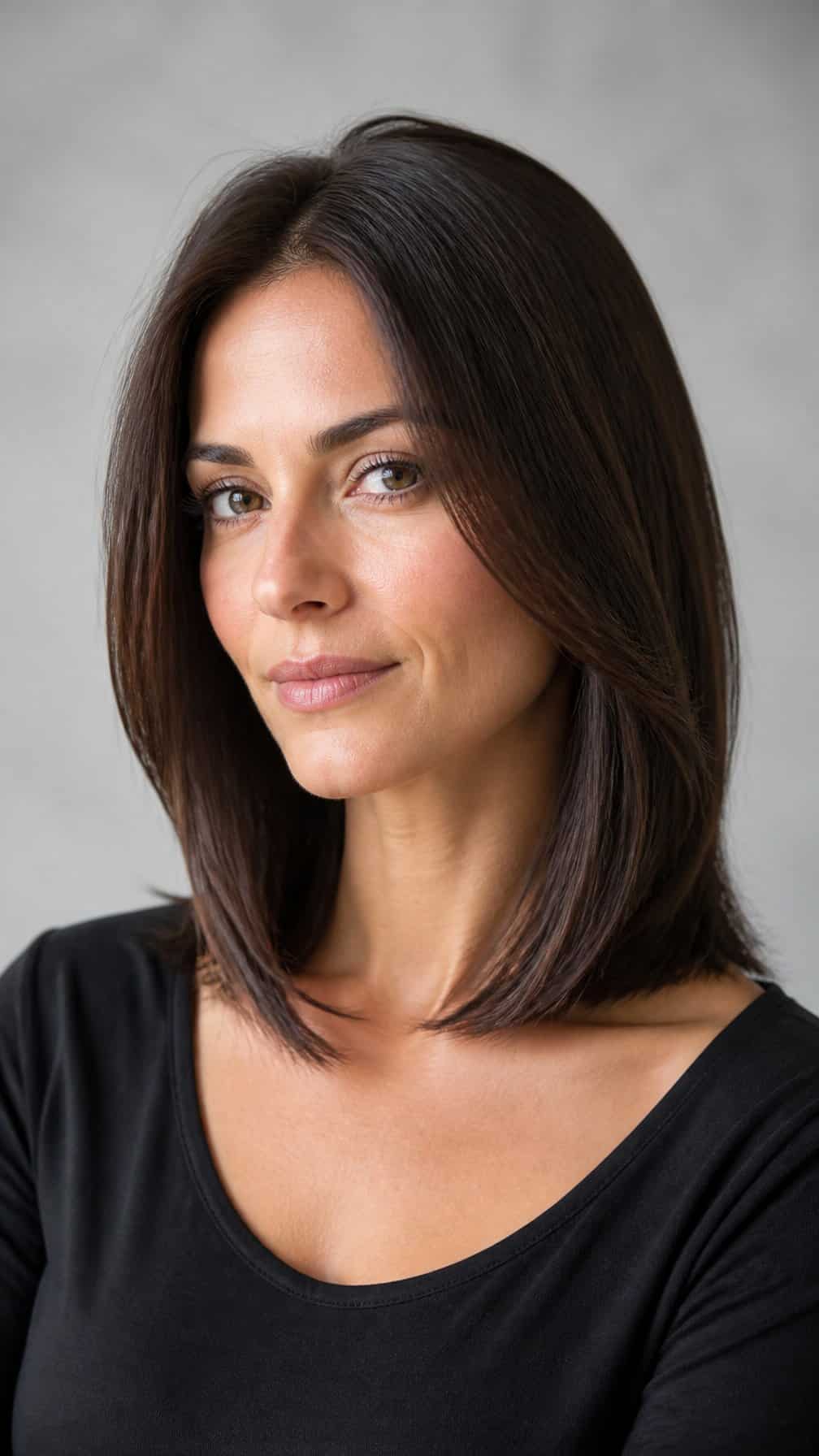 Woman with straight collarbone-length layered hair shown against a light background.