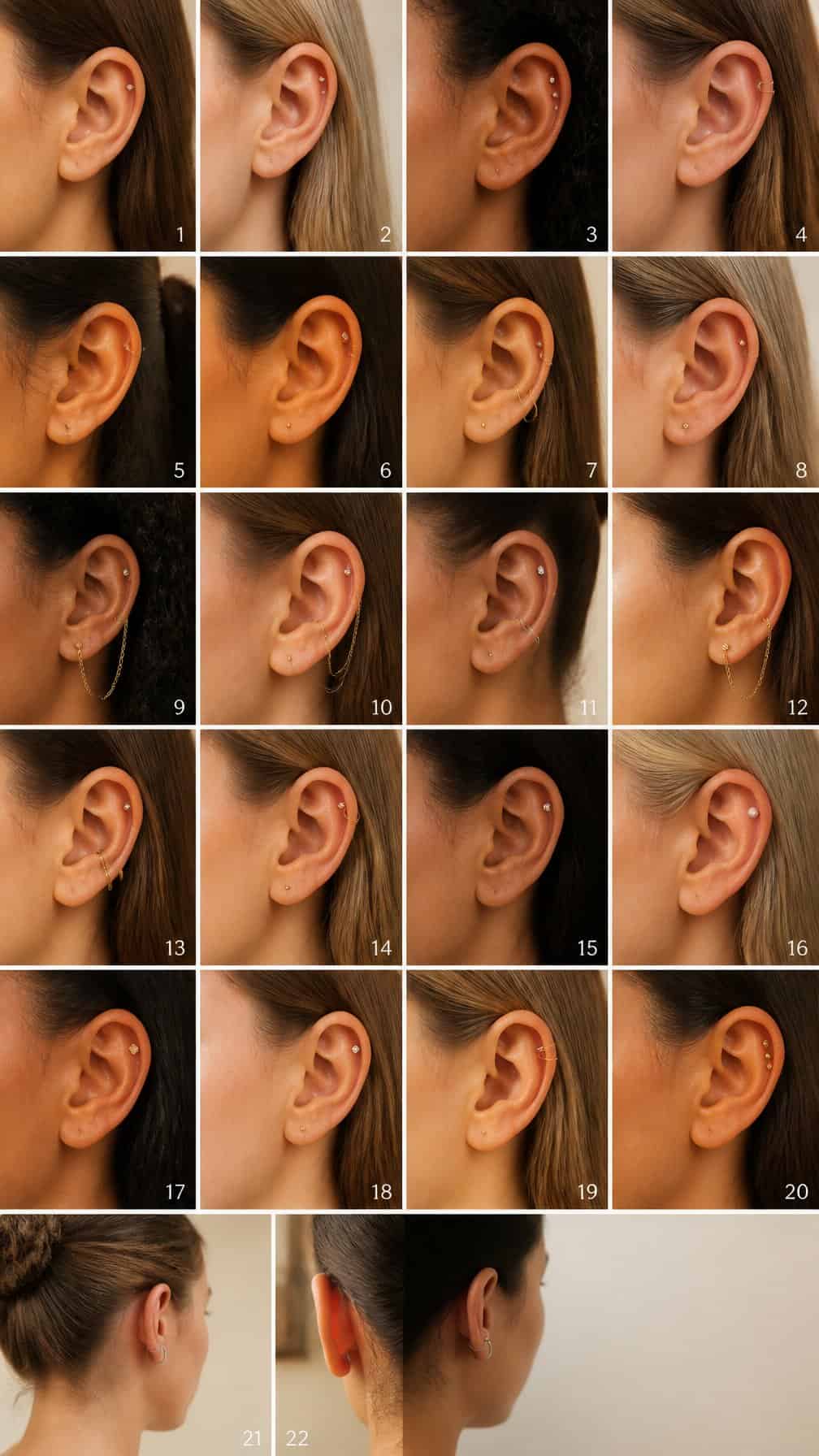 A collection of close-up ear portraits showing varied helix piercings and jewelry from multiple angles.