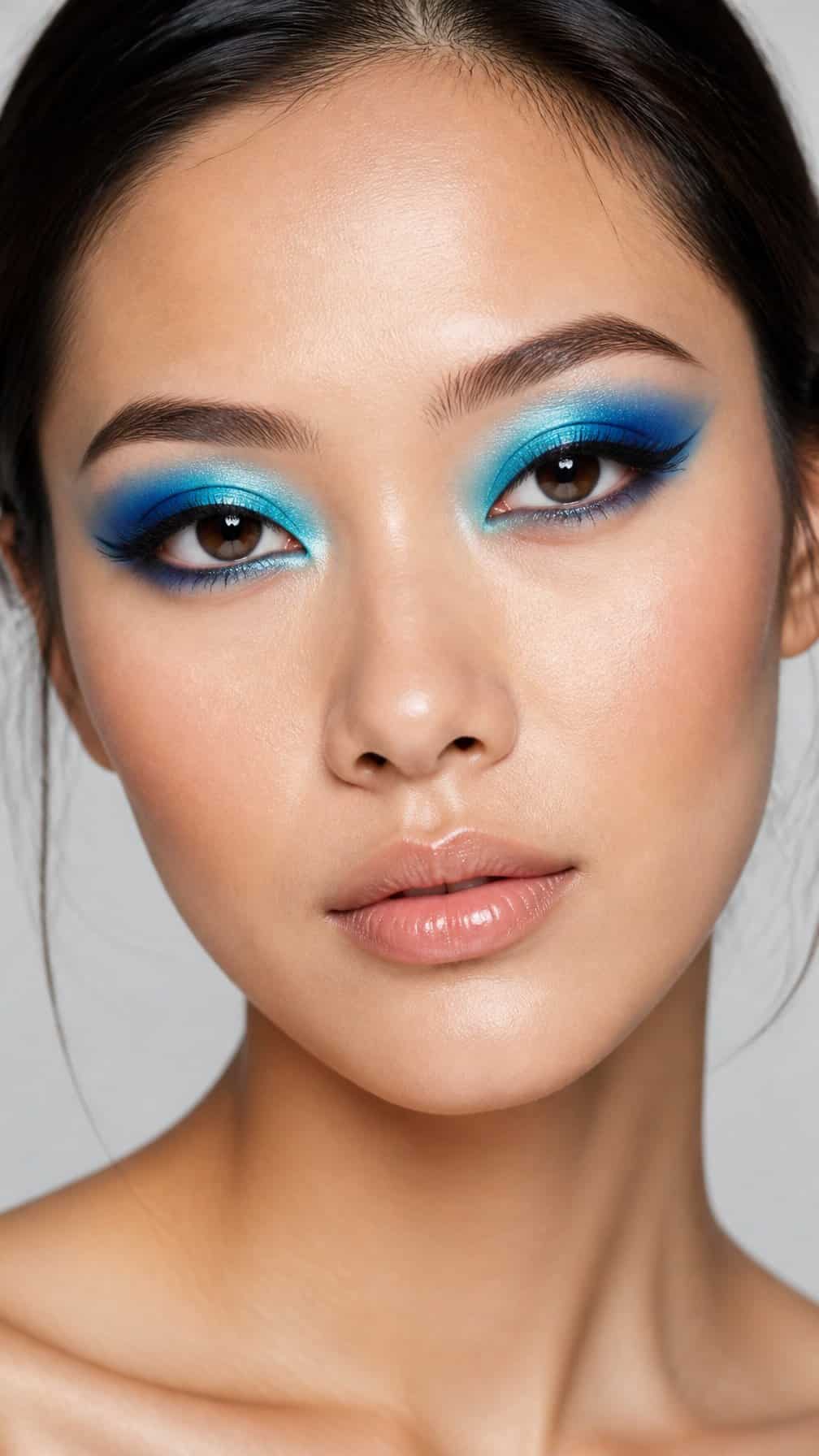 Close-up portrait of a person with hooded eyes wearing vivid blue eye makeup and black eyeliner.
