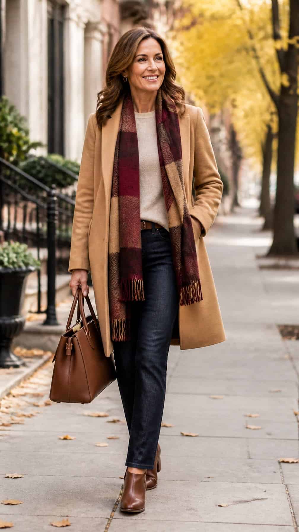 A confident mature woman wearing a layered fall outfit walks along a tree-lined city street.