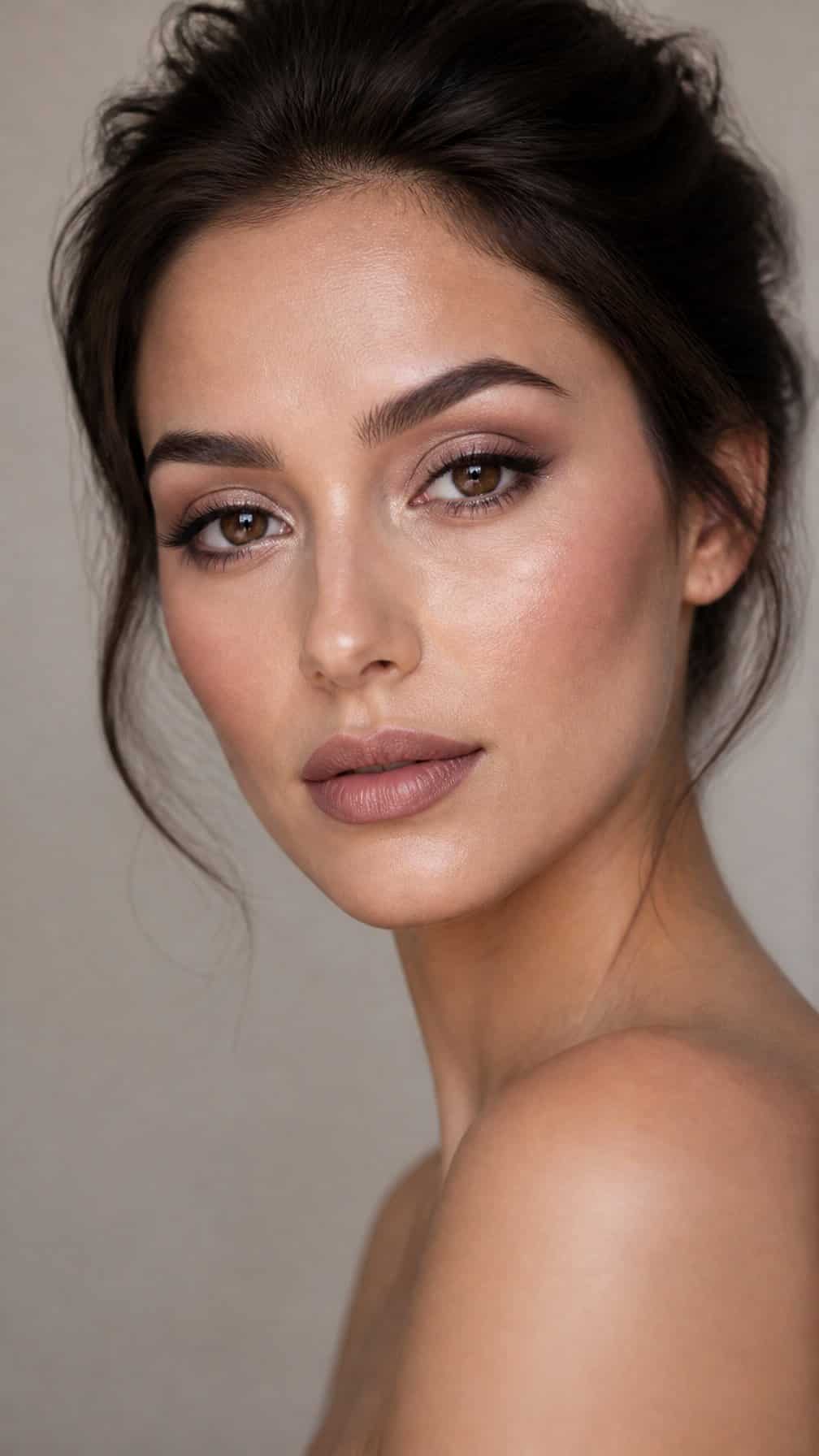 Woman with cool taupe eyeshadow, softly defined features, and muted rosy-taupe lips.