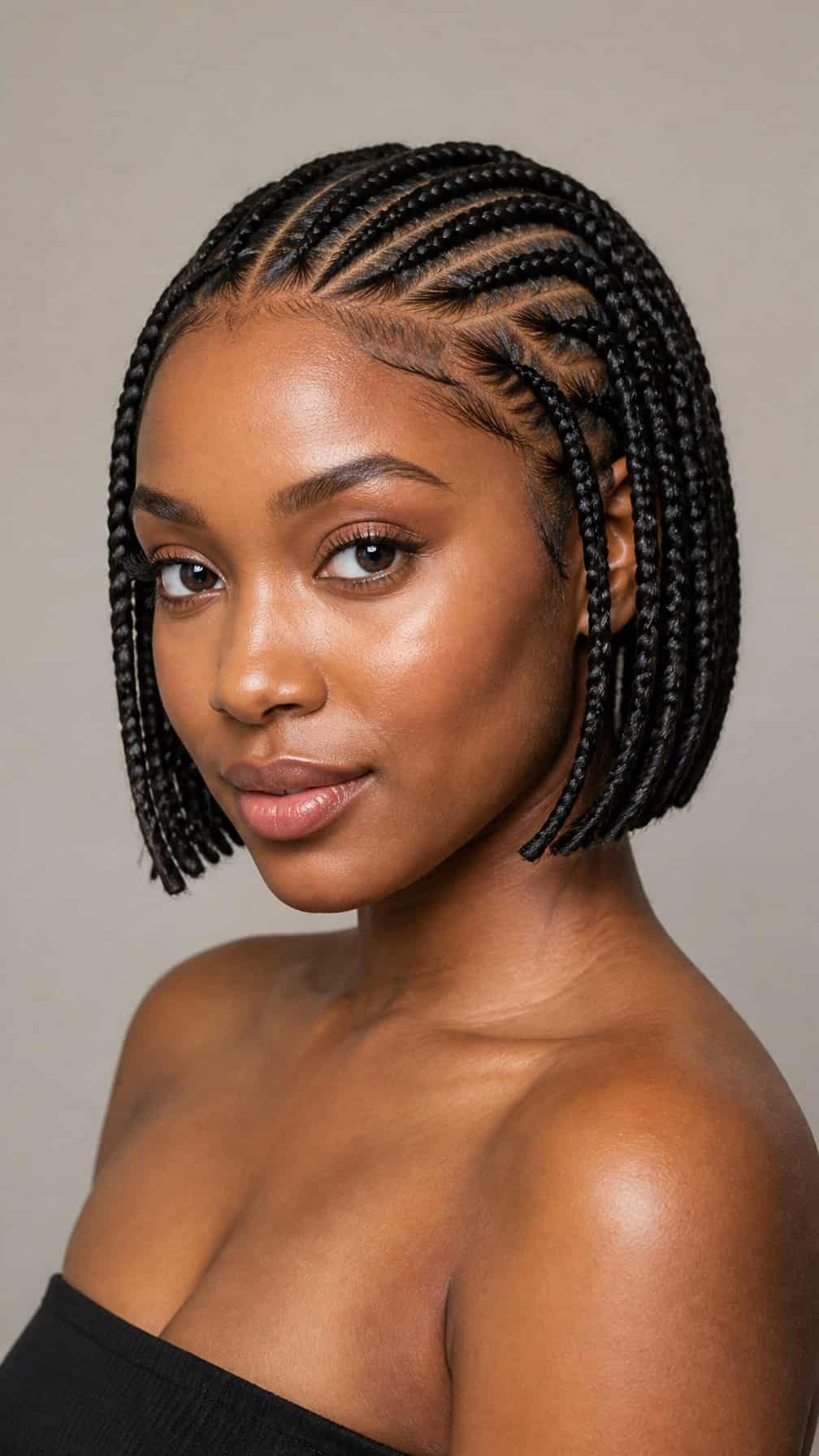 Portrait of a woman with neatly braided hair against a plain studio background.