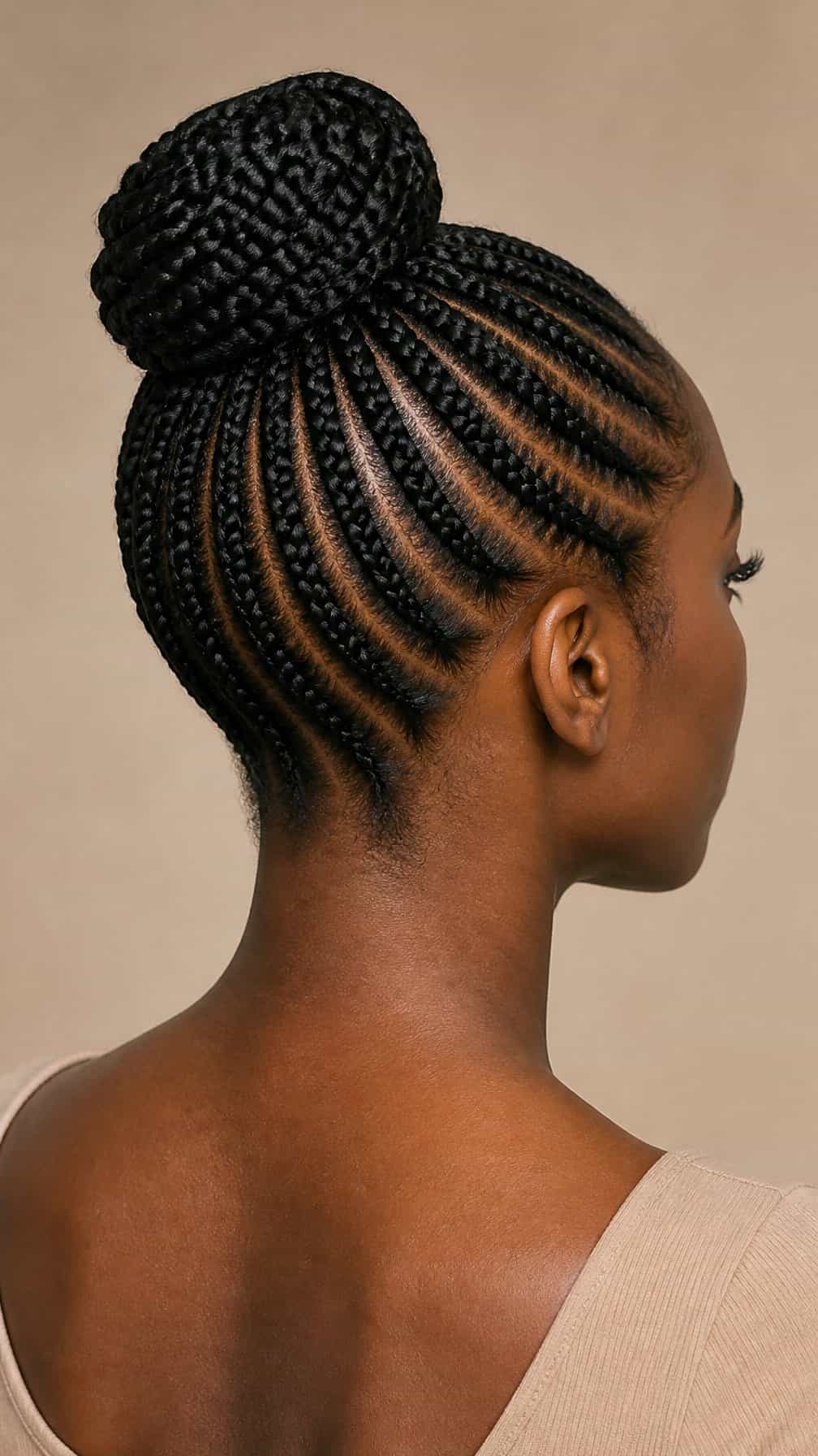 A woman poses in a softly lit studio with her hair gathered into a bun.