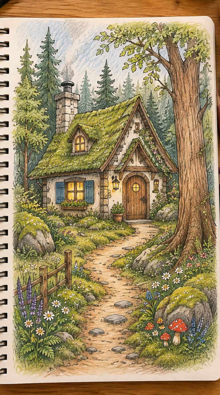 A hand-drawn artwork of cozy cottage in the woods.