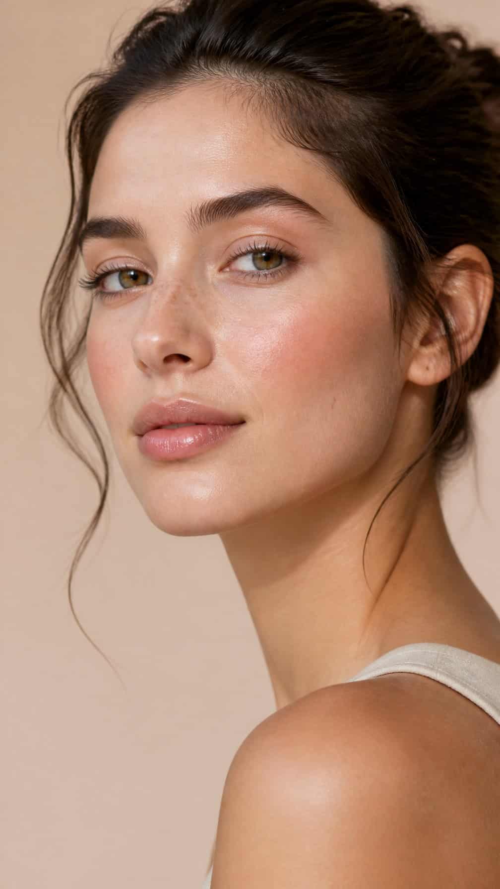 Woman with natural makeup and softly flushed peach cheeks.