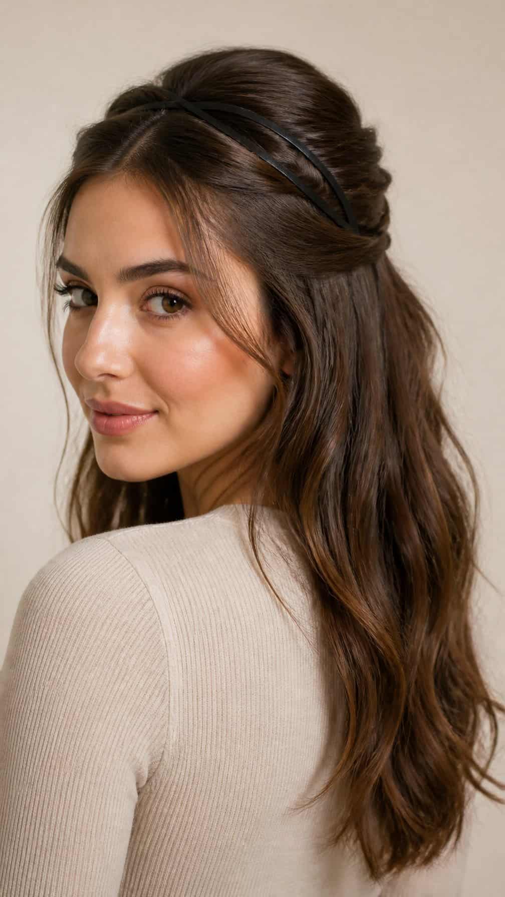 Woman wearing a crossed headband with her hair styled half up.