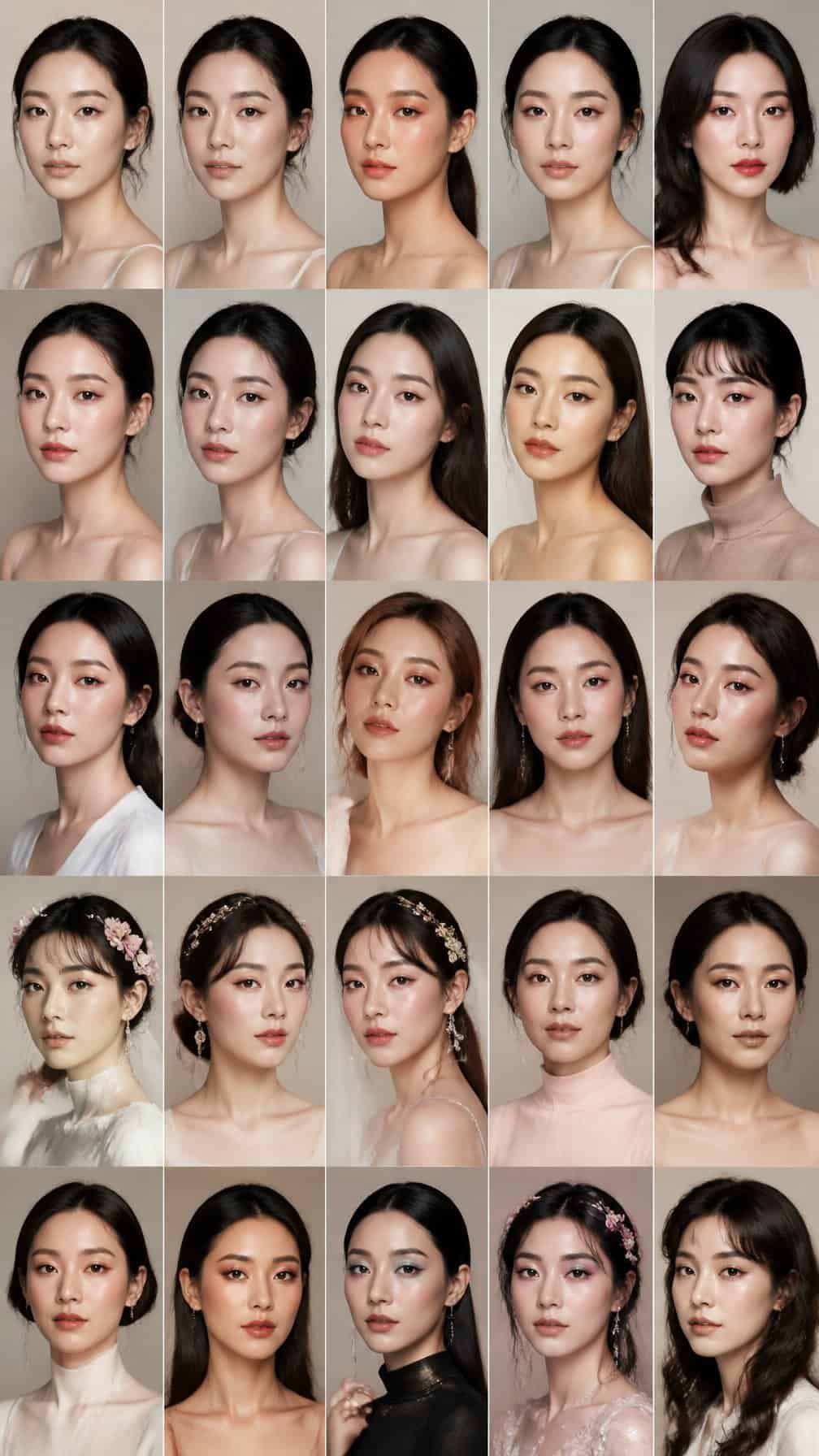 A curated collage of 21 Chinese women showing different makeup looks and techniques.
