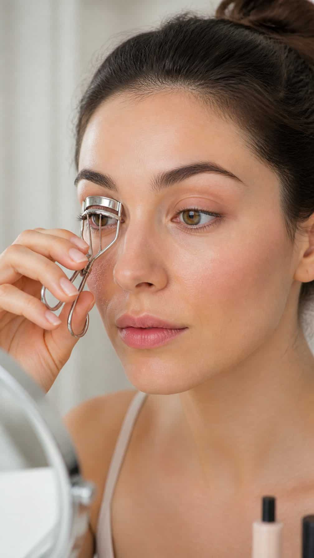 A woman gently curls her upper eyelashes with an eyelash curler before applying mascara.