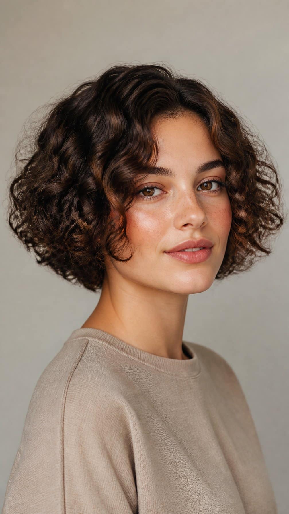 A woman with a curly bob haircut poses against a neutral background.