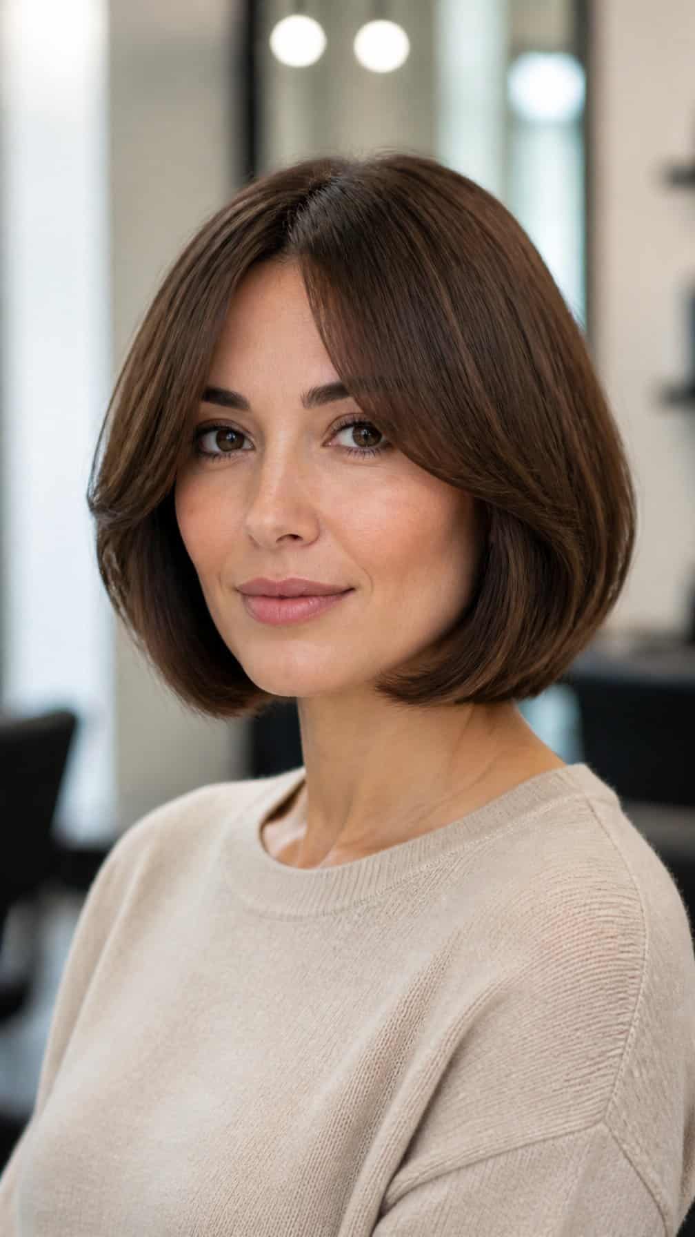 Woman with an oval face wearing a chin-length bob with center-parted curtain bangs.