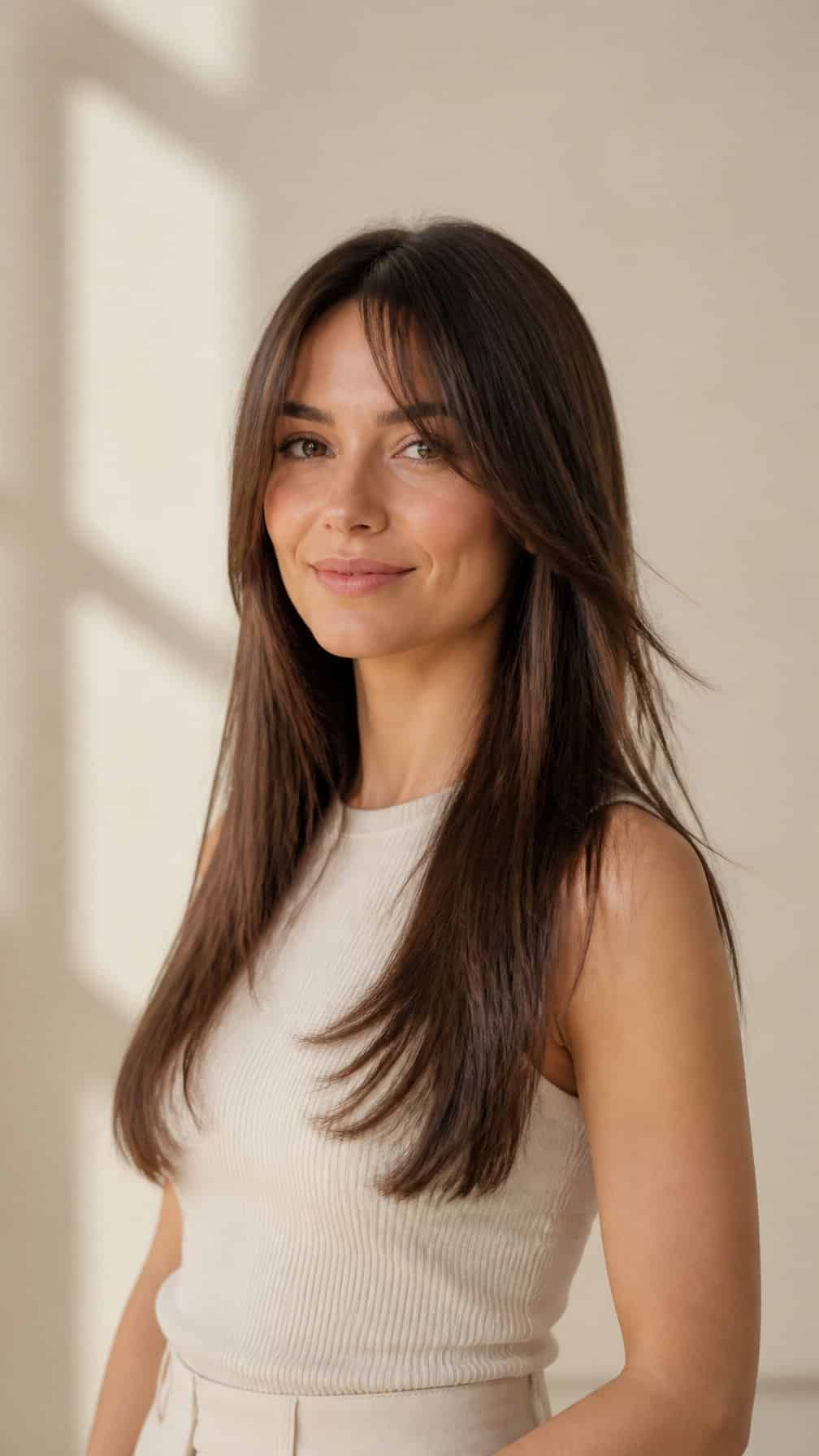 Woman with long straight hair and center-parted bangs standing against a neutral background.