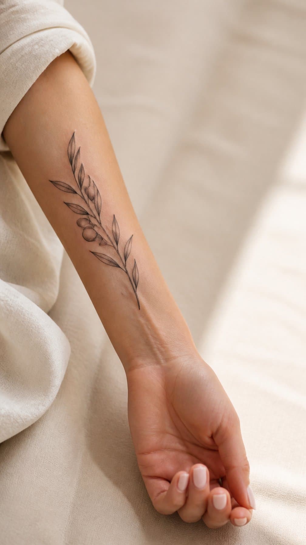A woman's forearm displays a delicate olive branch tattoo.