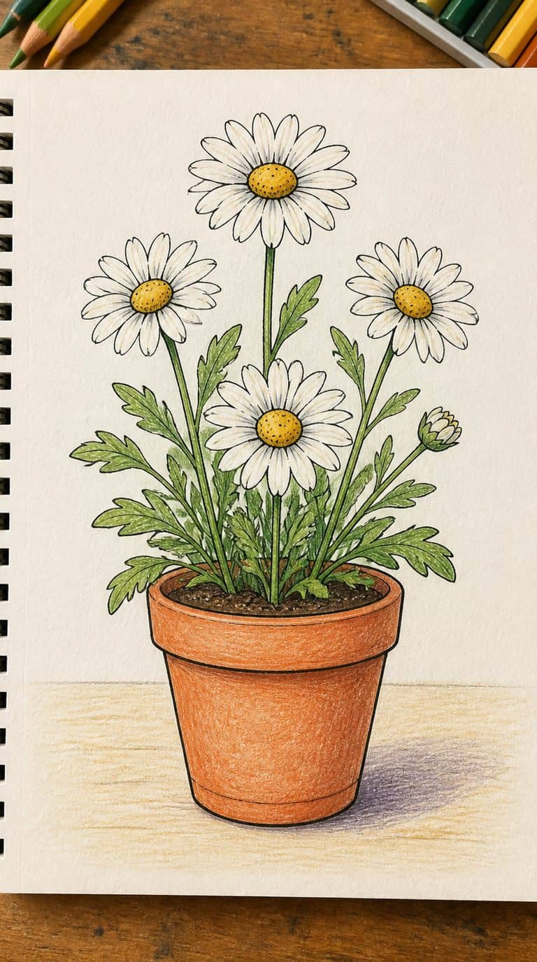 A hand-drawn artwork of daisy flower in a pot.