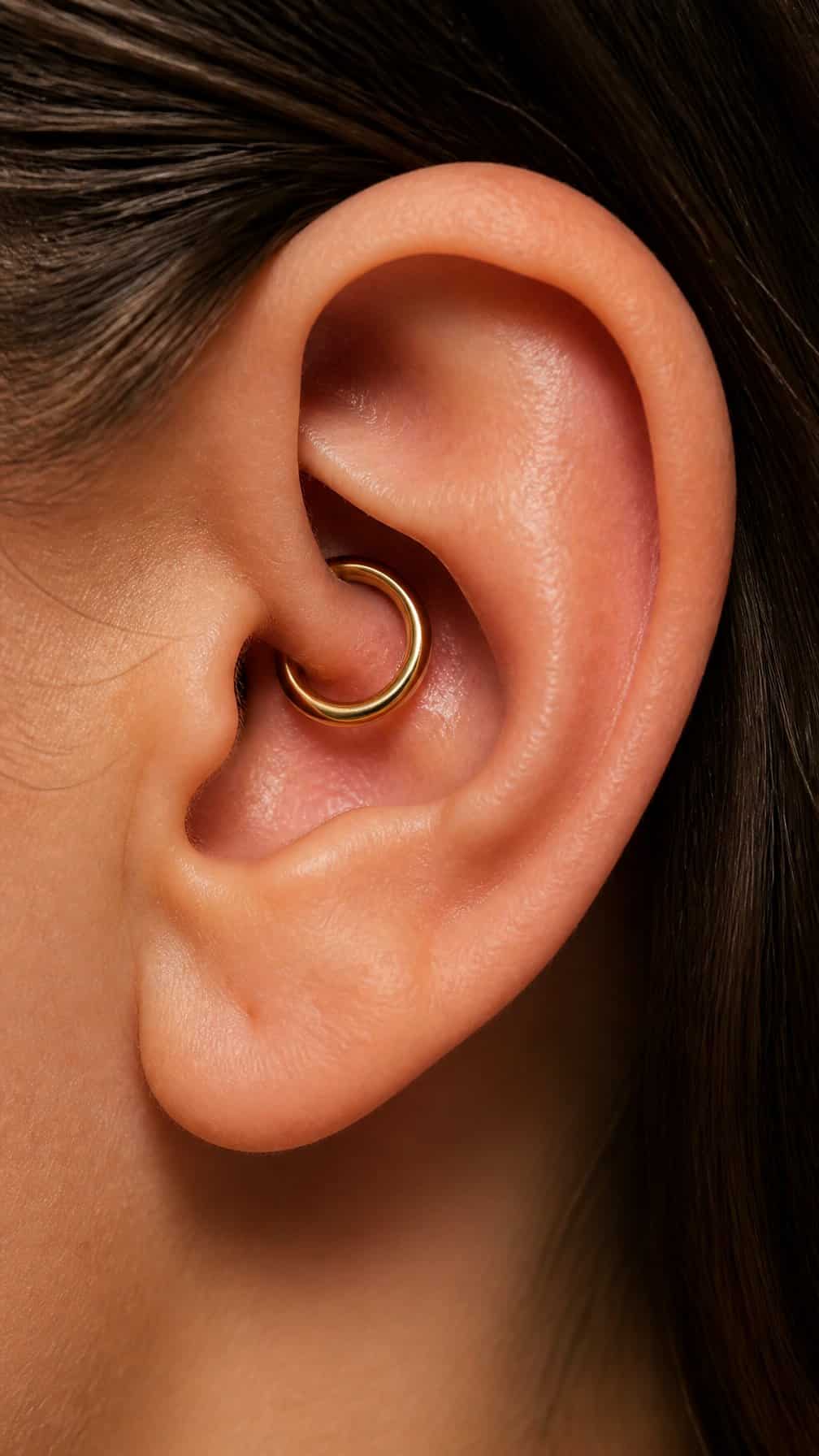 Close-up of an ear with a curved clicker hoop in the daith piercing.
