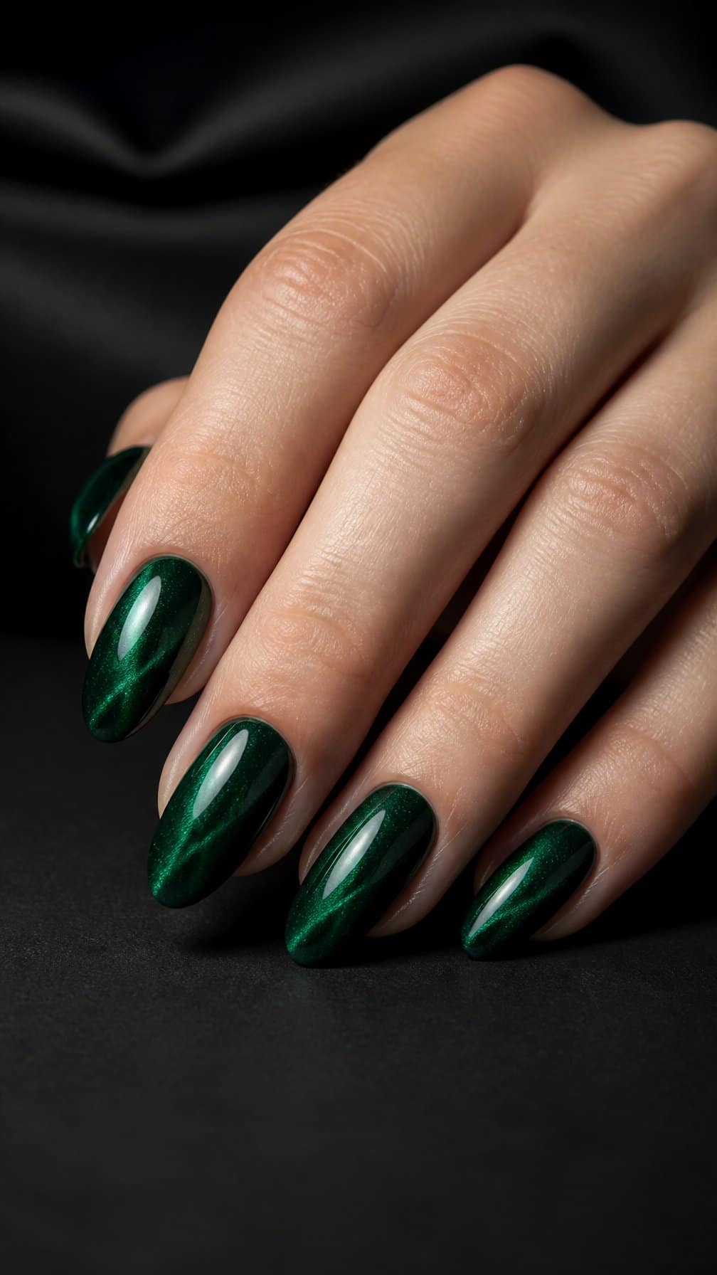 A hand displaying glossy deep emerald green nails with a luminous cat-eye shimmer.