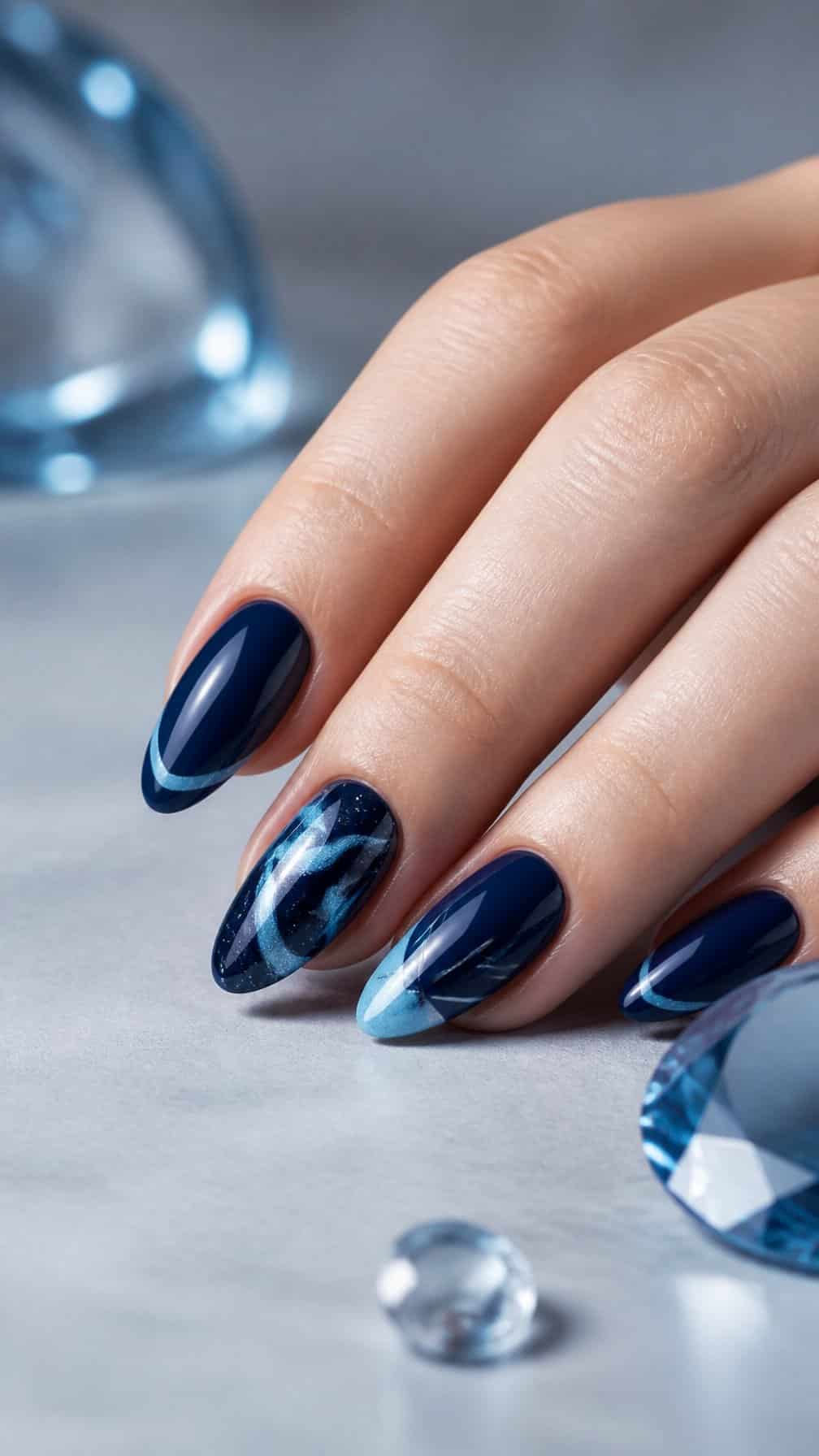 A hand with glossy deep blue nails decorated with light blue accents rests on a cool-toned surface.