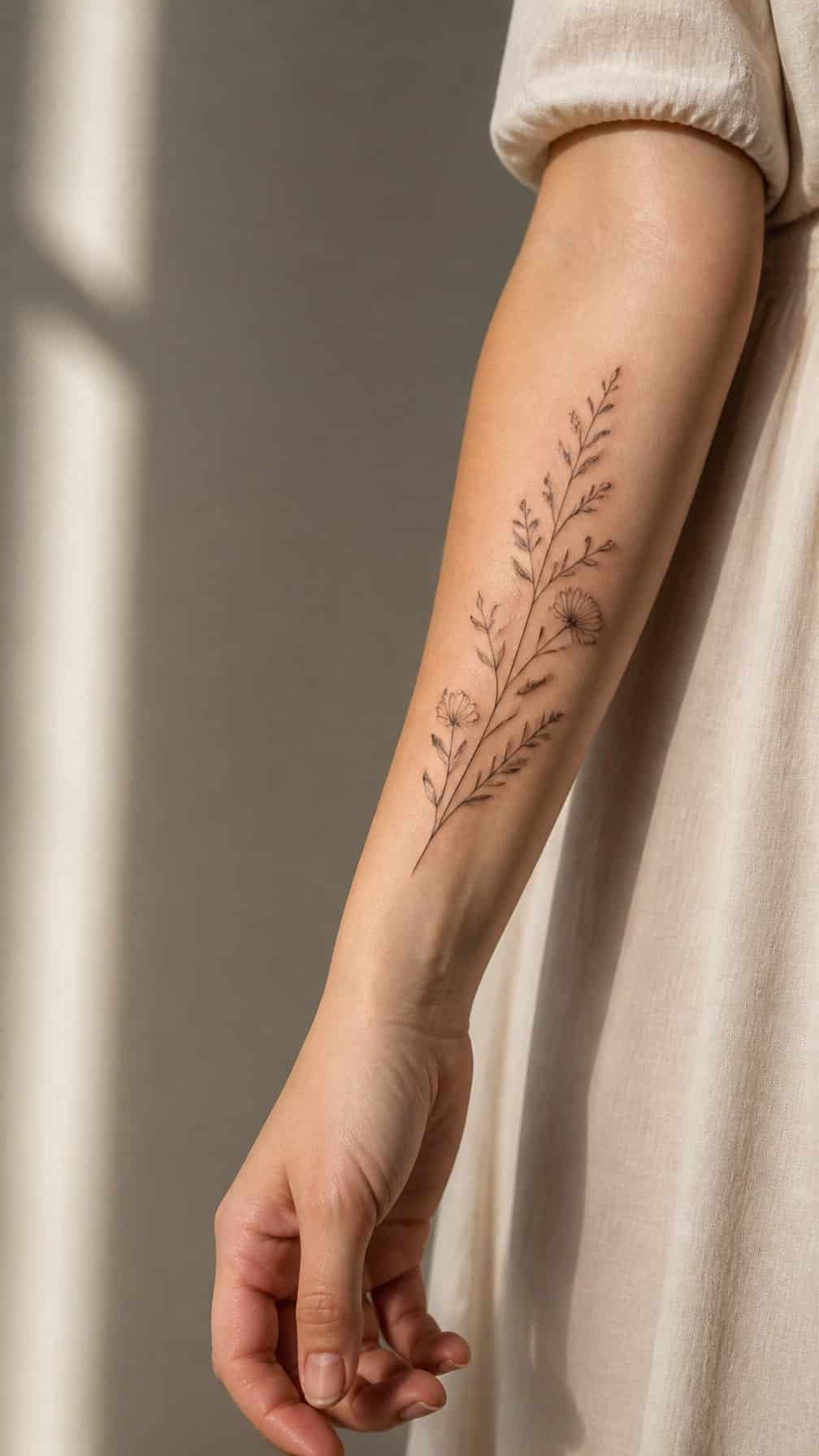 A woman’s forearm displaying a delicate wildflower tattoo.
