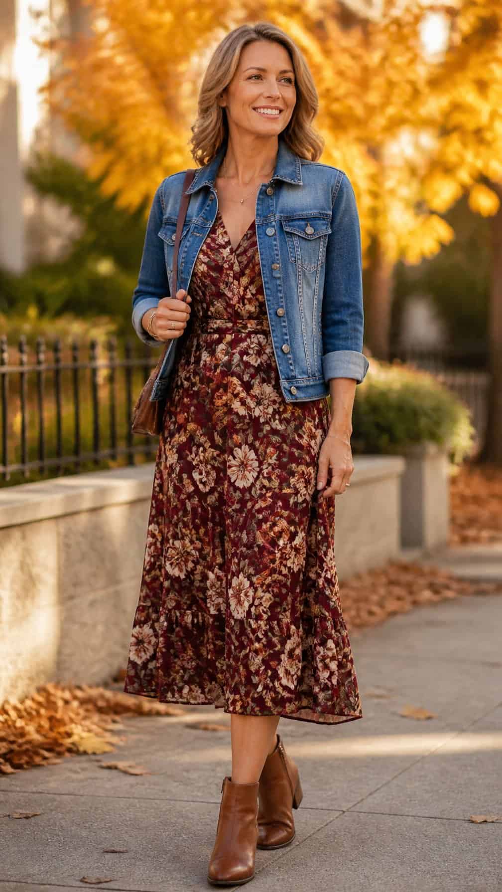 A woman wearing a denim jacket over a floral midi dress stands outdoors among autumn foliage.