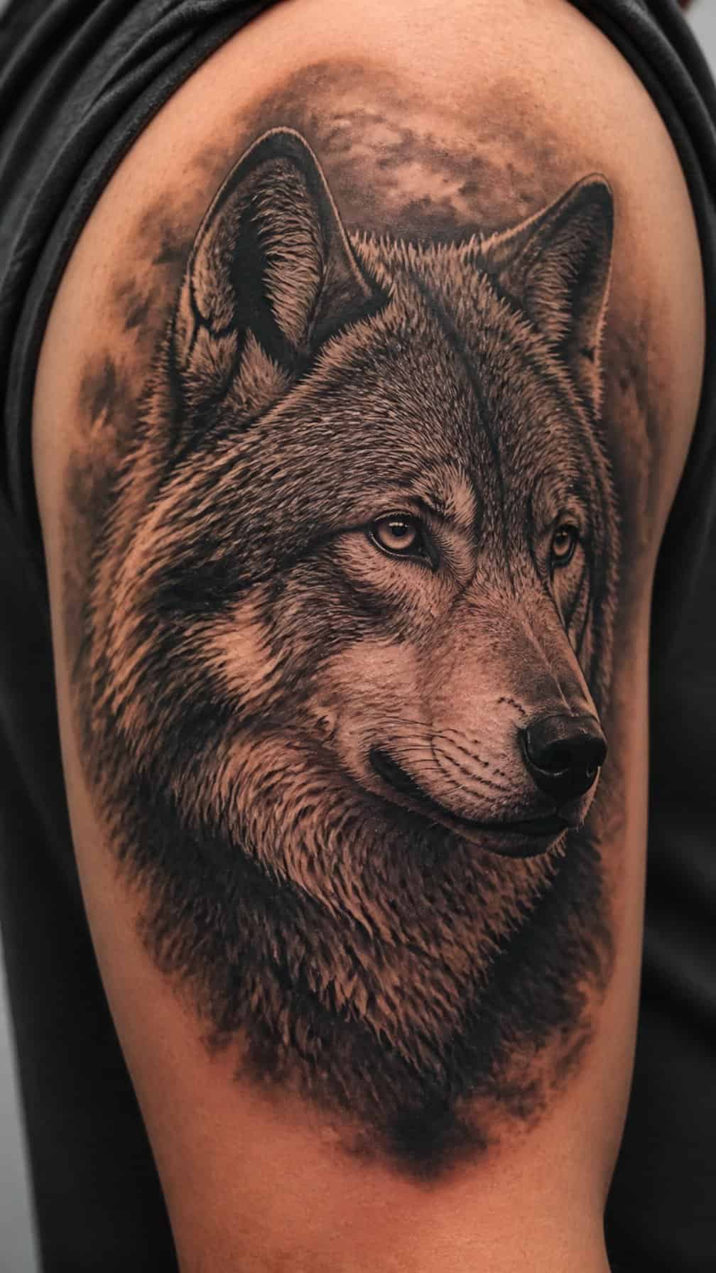 A detailed wolf portrait tattoo covers an older dark tattoo on natural skin.