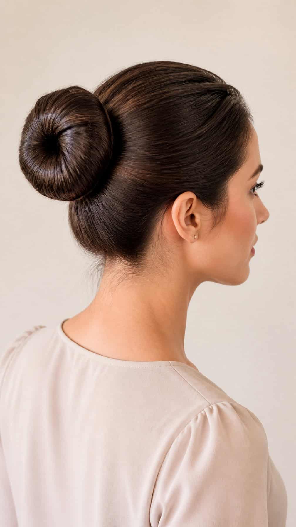 Woman wearing a neat round donut bun hairstyle viewed from behind.