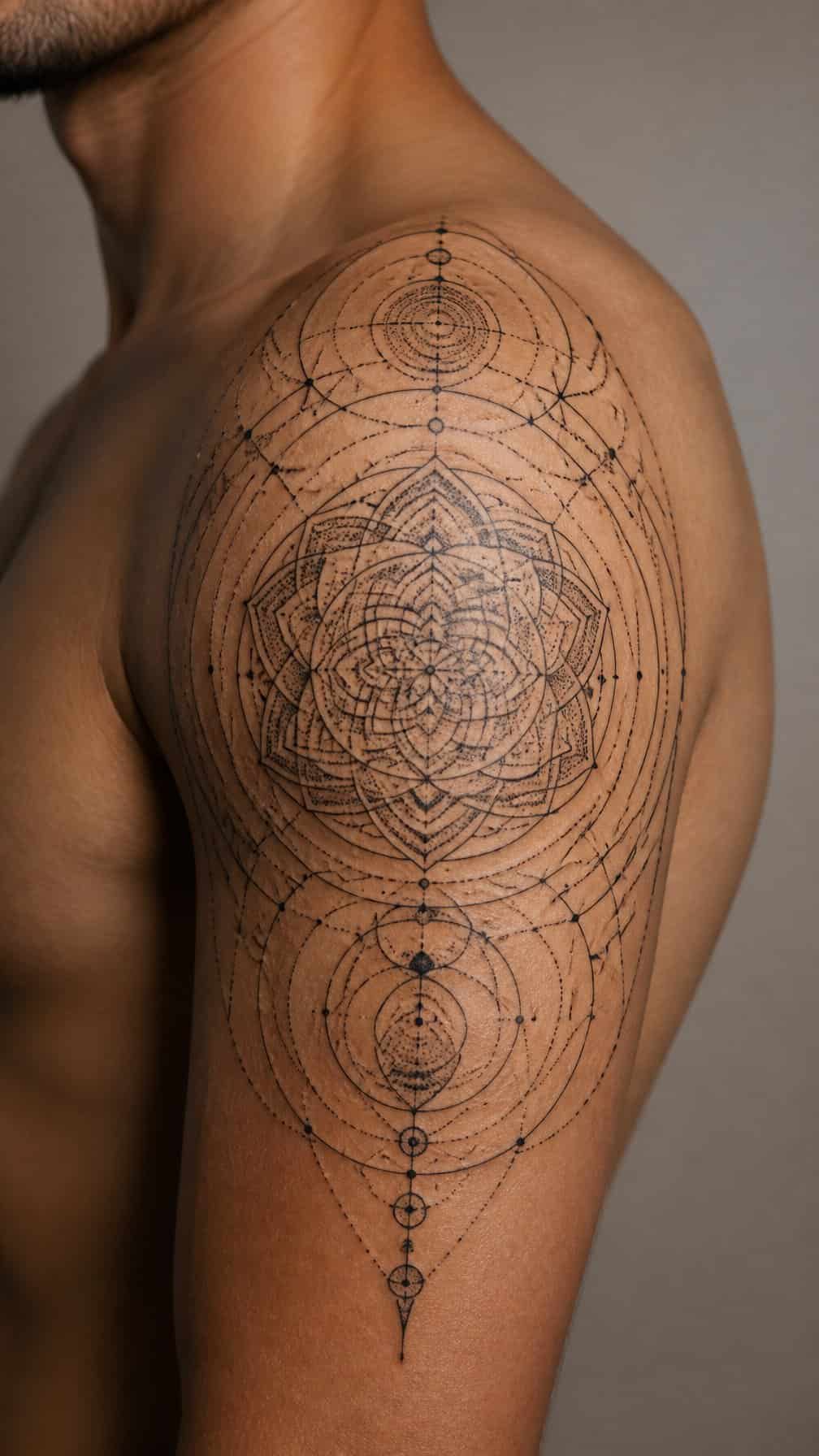 Close-up of a shoulder and upper arm with an intricate geometric tattoo.