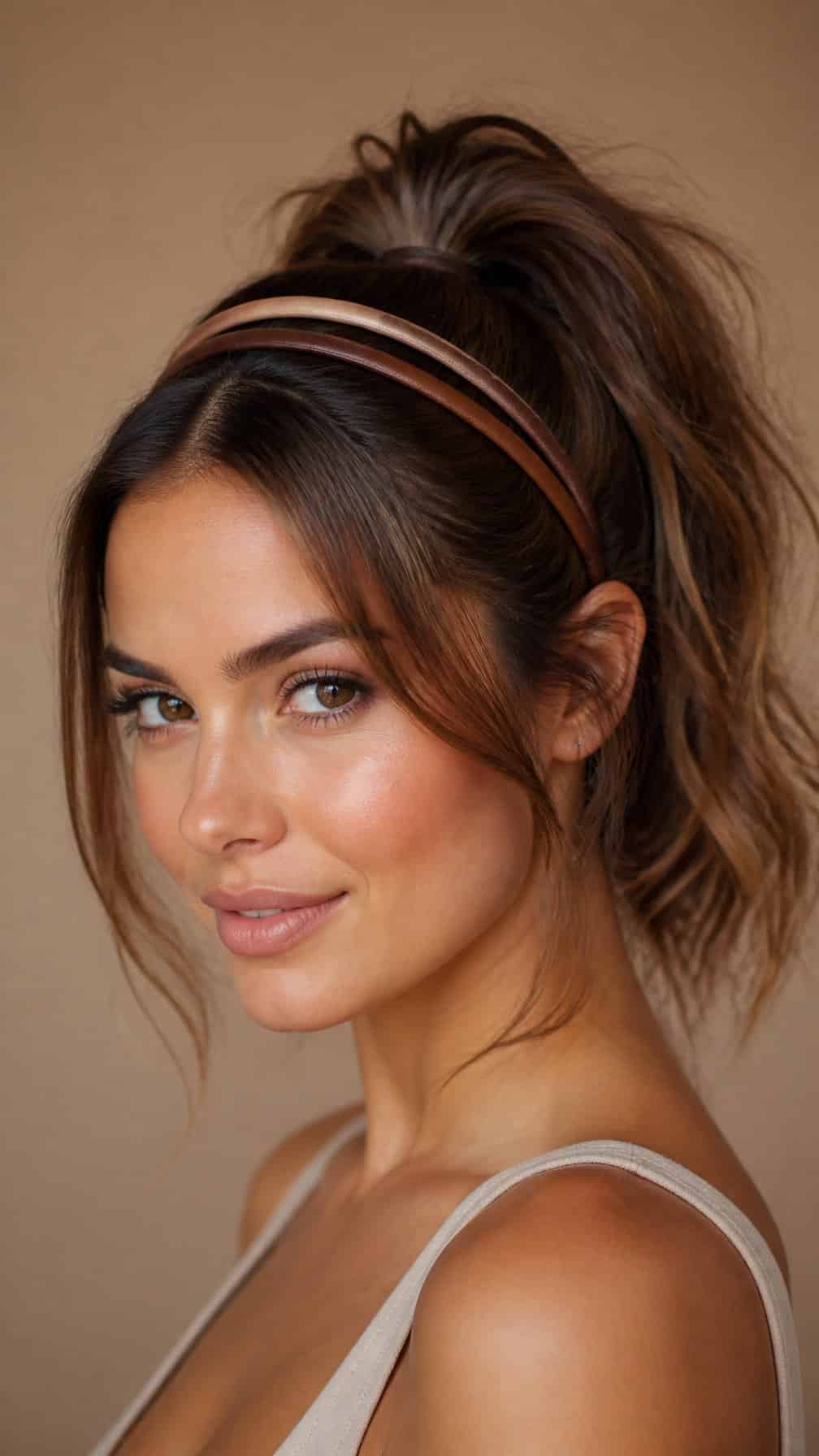 Woman wearing two headbands with a voluminous high ponytail.