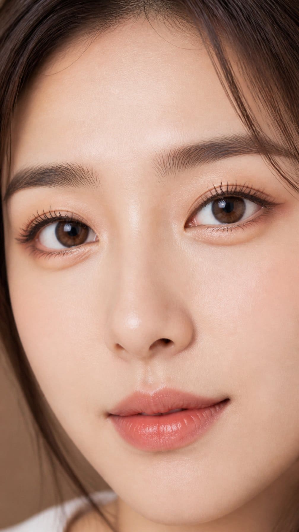 Close-up portrait of a woman with softly highlighted areas beneath her eyes.