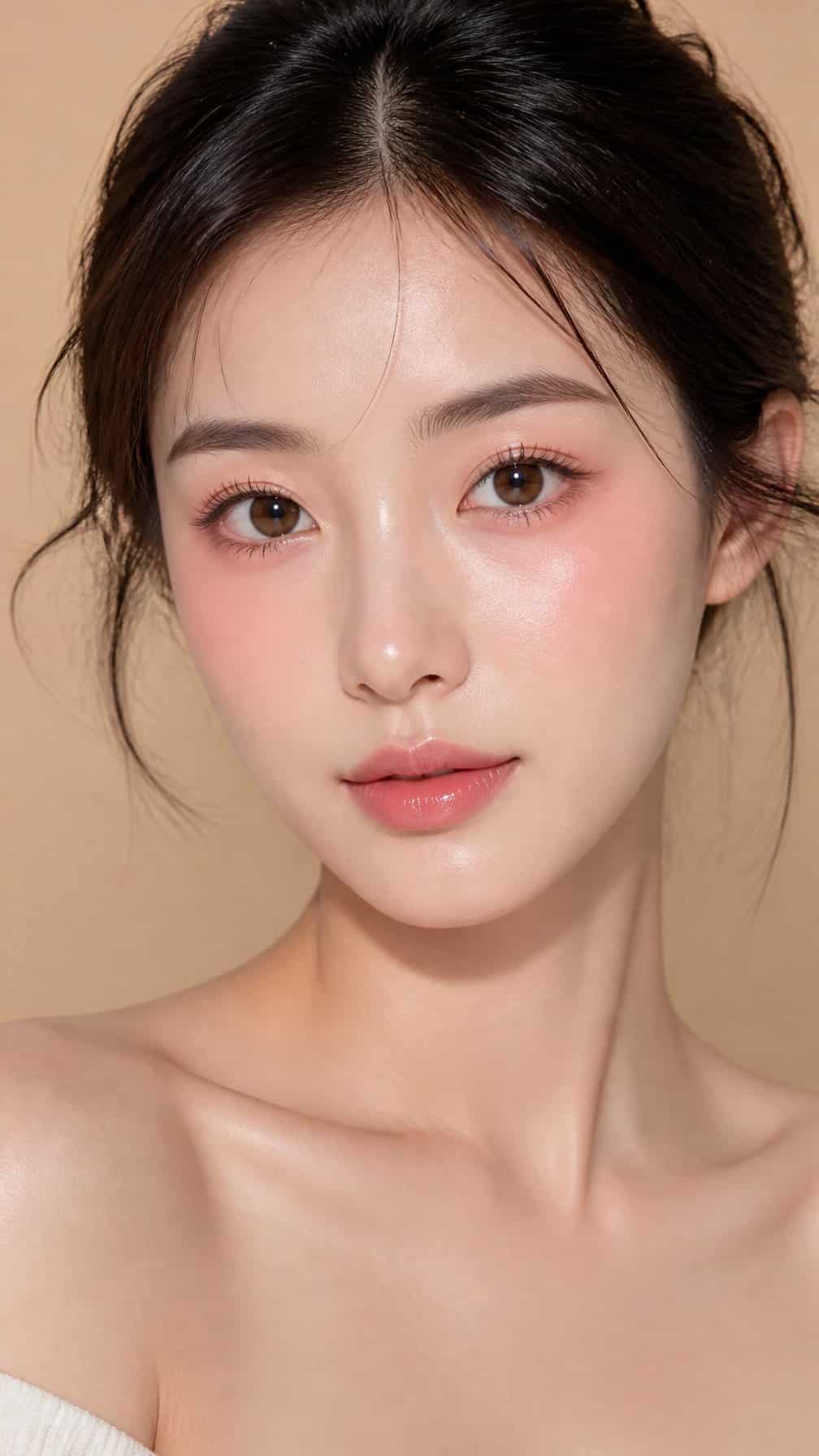 Close-up portrait of a woman wearing soft pink blush across her cheeks and beneath her eyes.