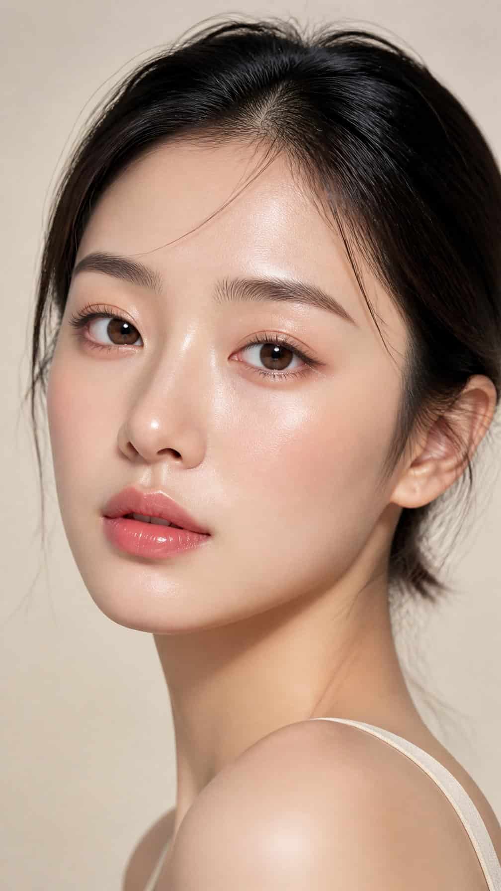 Close-up portrait of a woman with fresh luminous skin, subtle makeup, and softly highlighted cheekbones and nose against a light background.