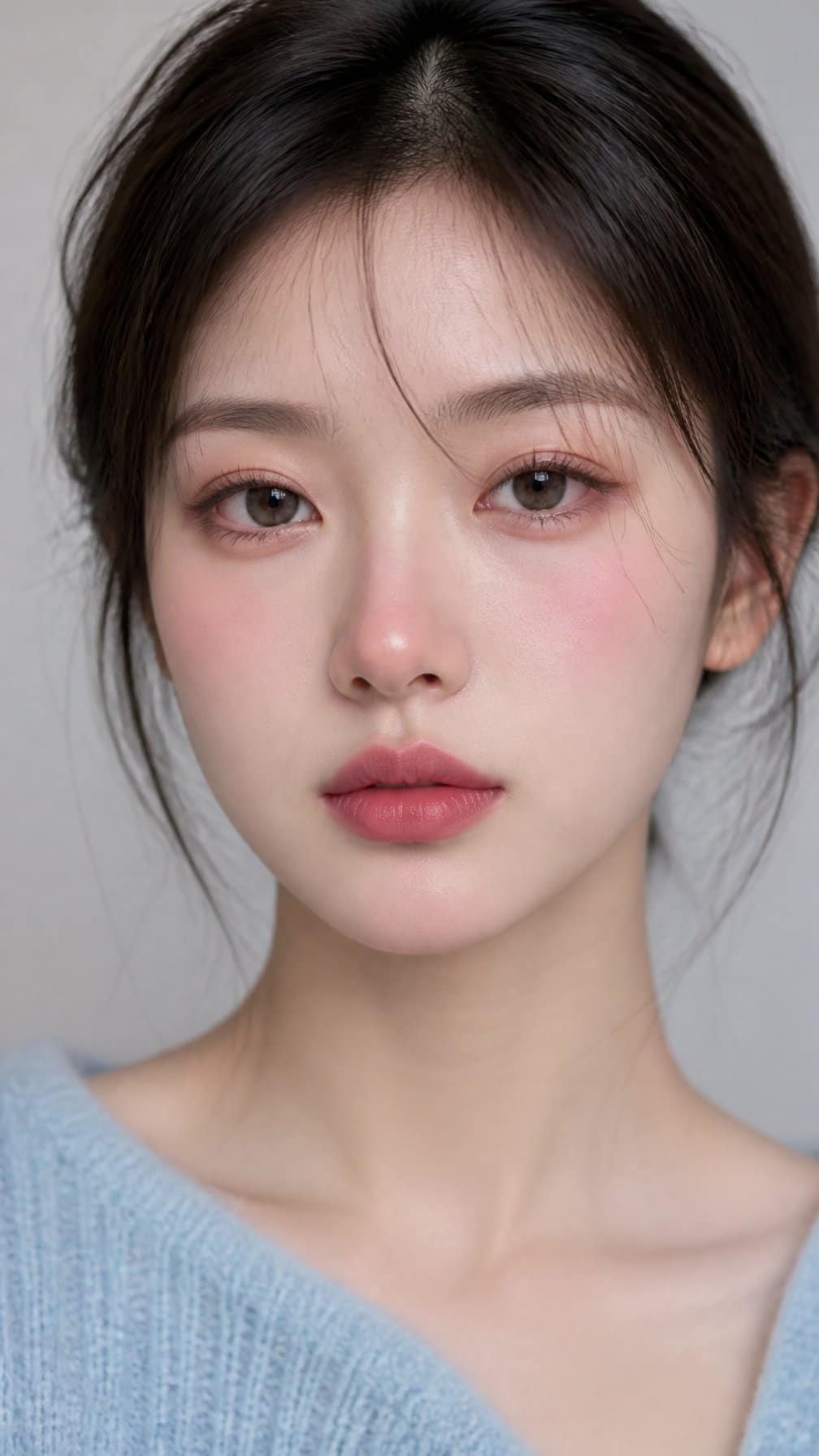 Close-up portrait of a woman with cool-toned pink blush across her cheeks and nose.