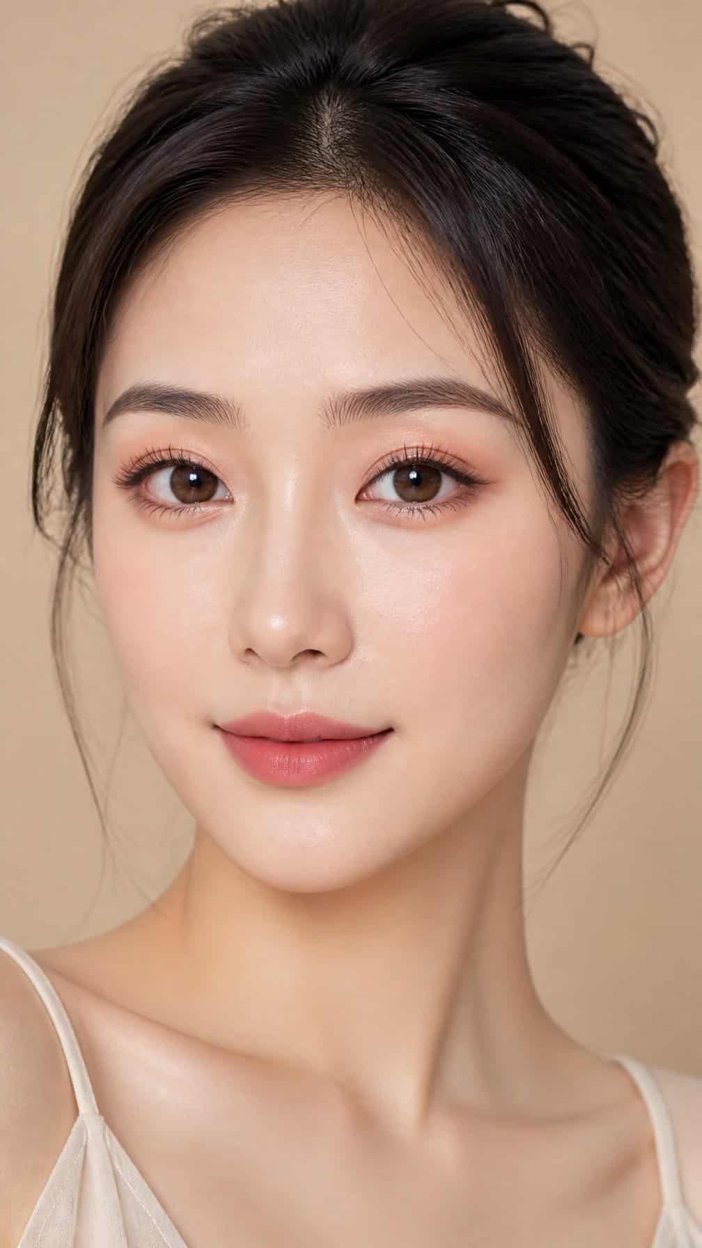 Close-up portrait of a woman wearing rounded, center-volume eyelashes and soft pink makeup.