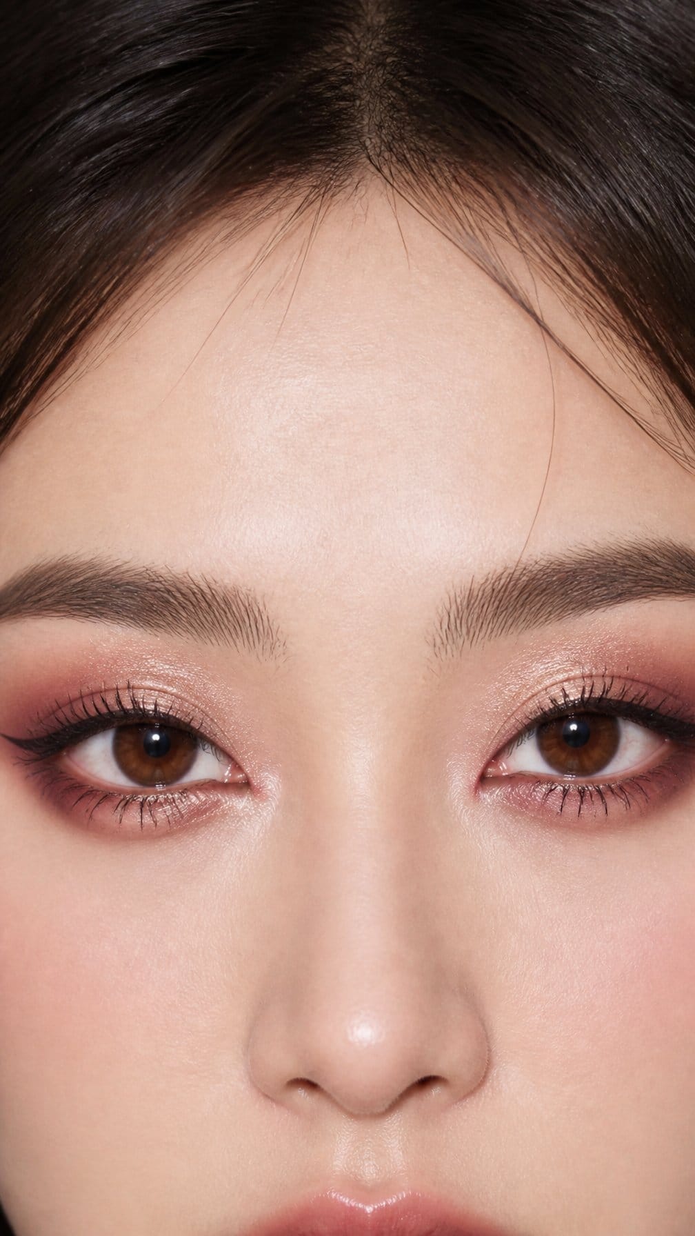 Close-up portrait showing luminous eye makeup with darker inner and outer corners and a bright center.