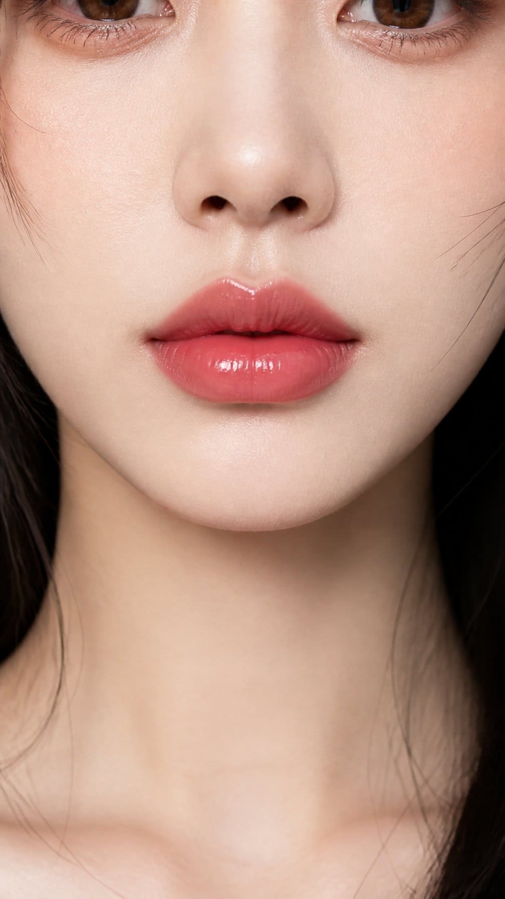 Close-up of a woman with softly glossy, heart-shaped lips and a defined Cupid’s bow.