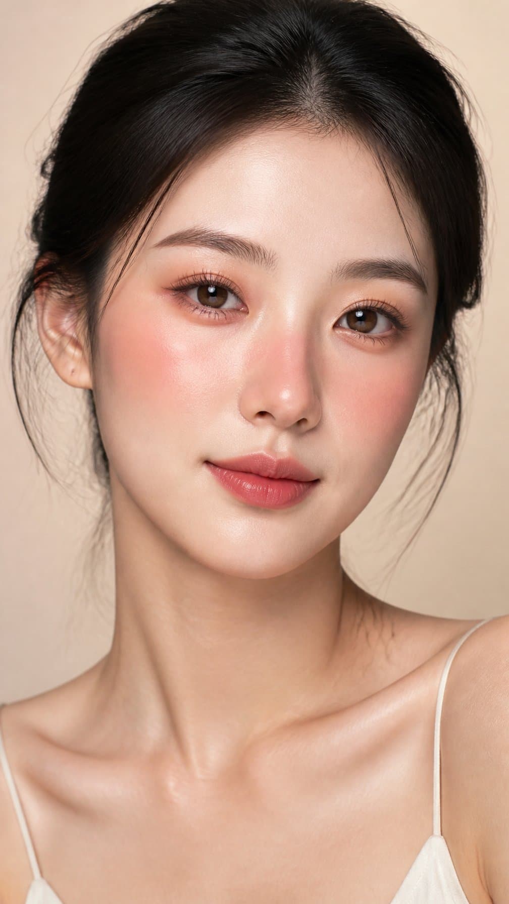 Close-up portrait of an East Asian woman wearing soft pink blush across her cheeks and nose.