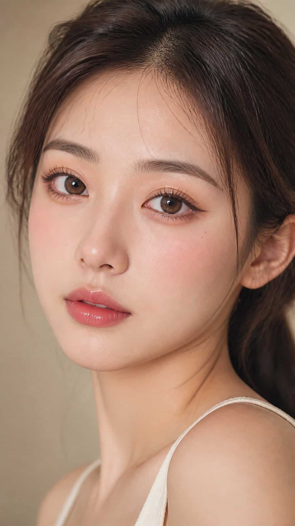 Close-up portrait of a woman wearing softly lowered puppy-eye eyeliner and warm peach makeup.