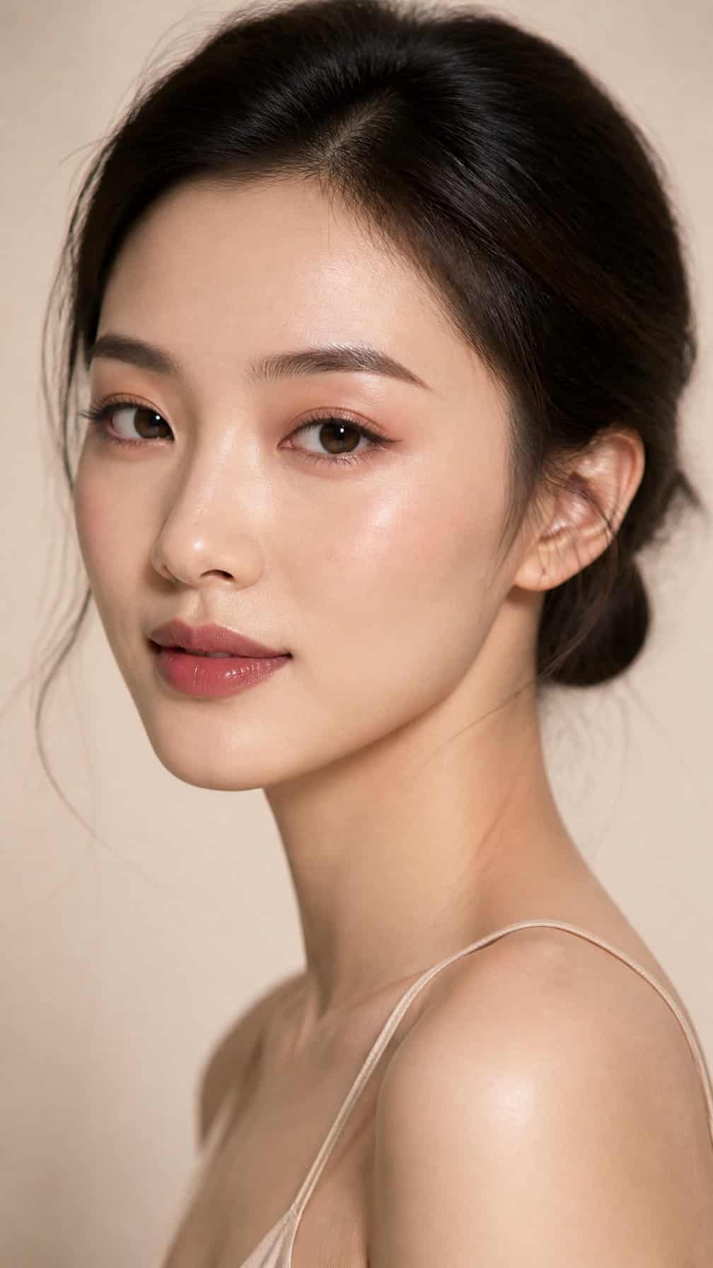 Close-up portrait of a woman with straight eyebrows and a soft arch.