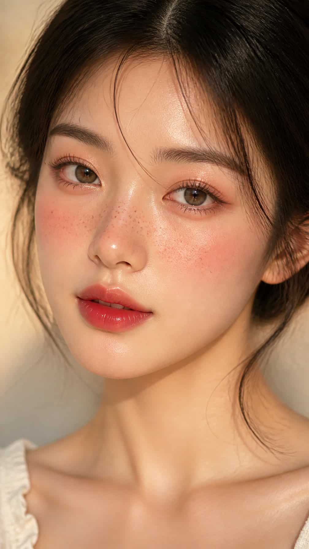 Close-up portrait of a woman wearing rosy makeup and red freckles across her nose and cheeks.