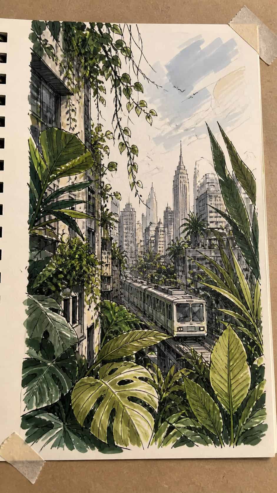 Feeling Stuck? 20 Graffiti Drawing Ideas To Reignite Your Passion! 2 Hand-drawn urban jungle vibes in marker drawing on textured paper, shown in a close overhead crop — study 1