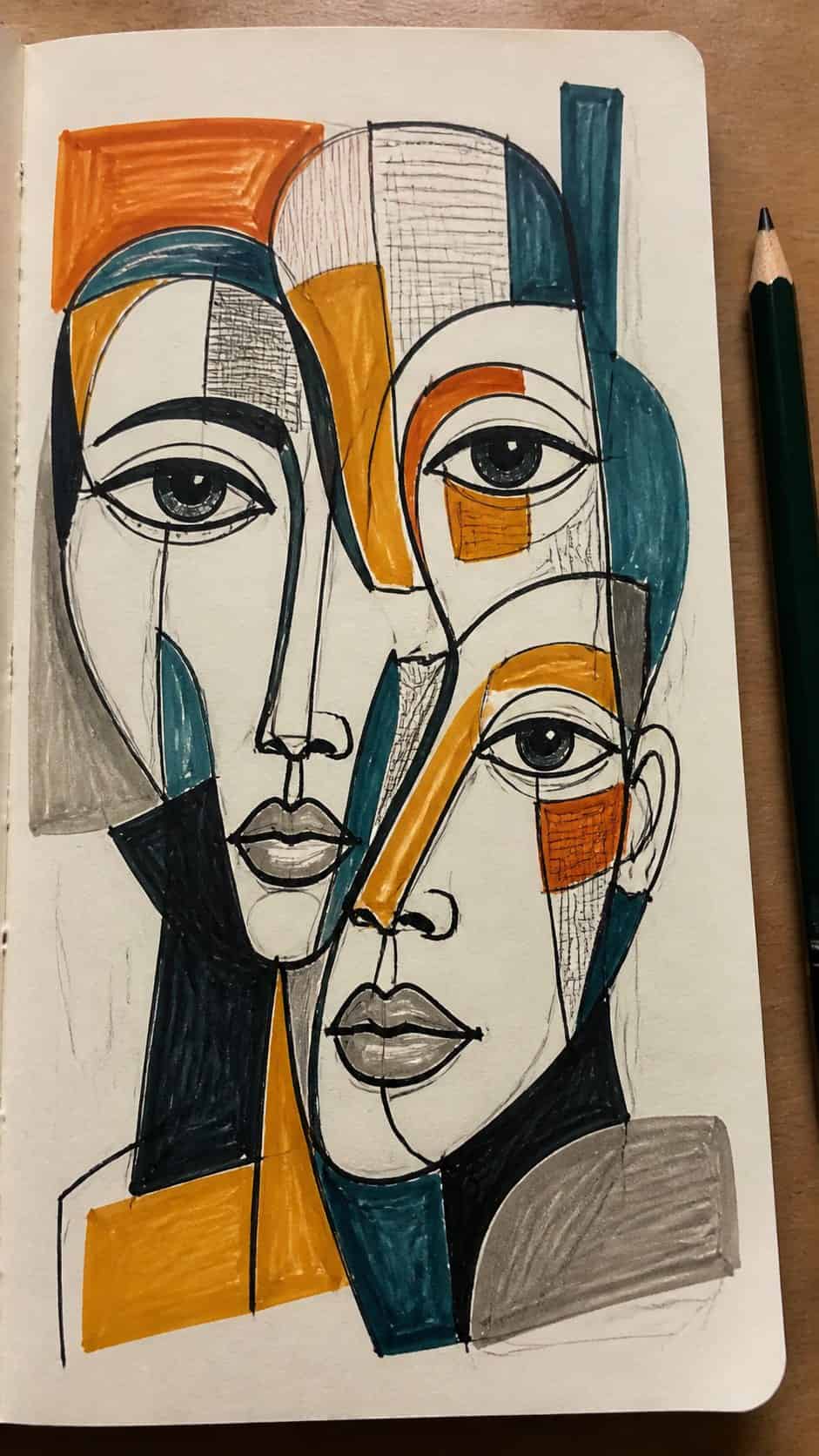 Feeling Stuck? 20 Graffiti Drawing Ideas To Reignite Your Passion! 4 Hand-drawn abstract faces in marker drawing on textured paper, shown in a close overhead crop — study 1