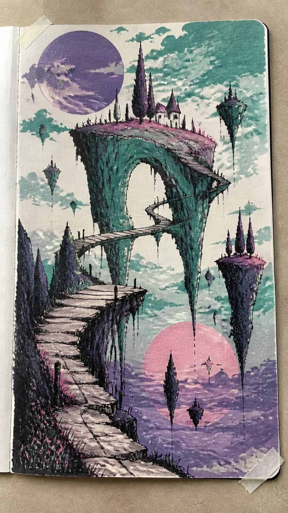 Feeling Stuck? 20 Graffiti Drawing Ideas To Reignite Your Passion! 21 Hand-drawn surreal landscapes in marker drawing on textured paper, shown in a close overhead crop — study 2