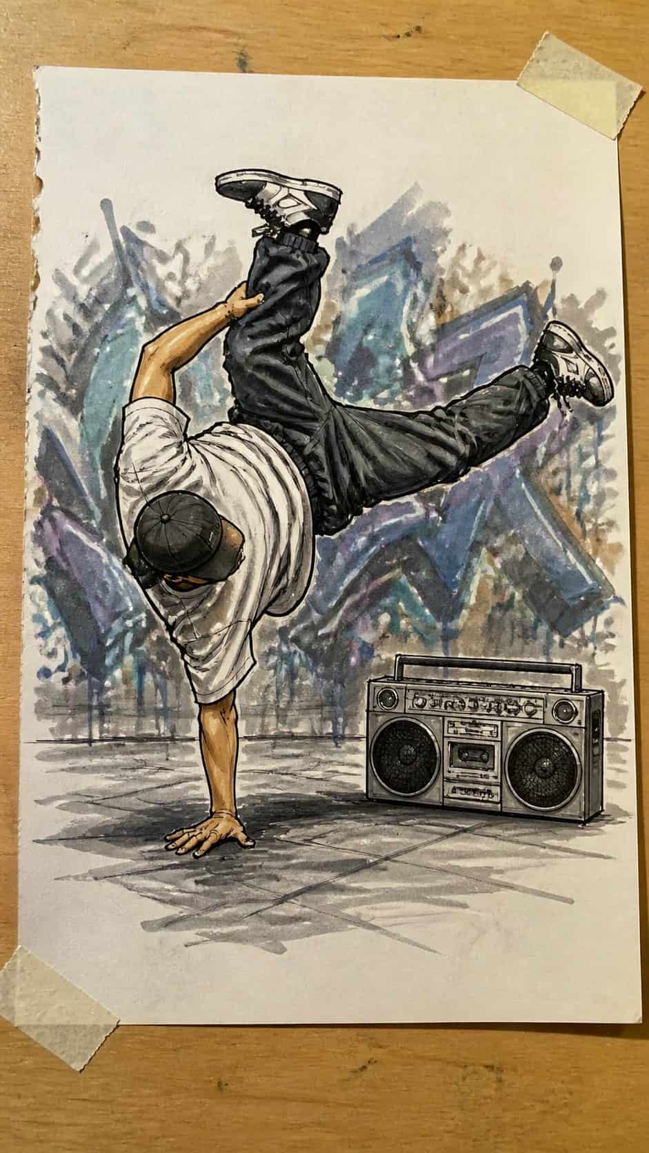 Feeling Stuck? 20 Graffiti Drawing Ideas To Reignite Your Passion! 24 Hand-drawn hip-hop culture icons in marker drawing on textured paper, shown in a gentle oblique desk view that shows paper tooth and — study 2