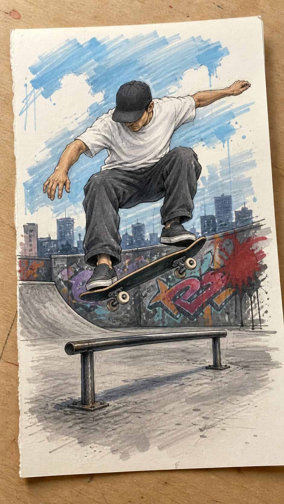 Feeling Stuck? 20 Graffiti Drawing Ideas To Reignite Your Passion! 25 Hand-drawn skateboarding legends in marker drawing on textured paper, shown in a slightly off-center overhead composition, like an — study 1