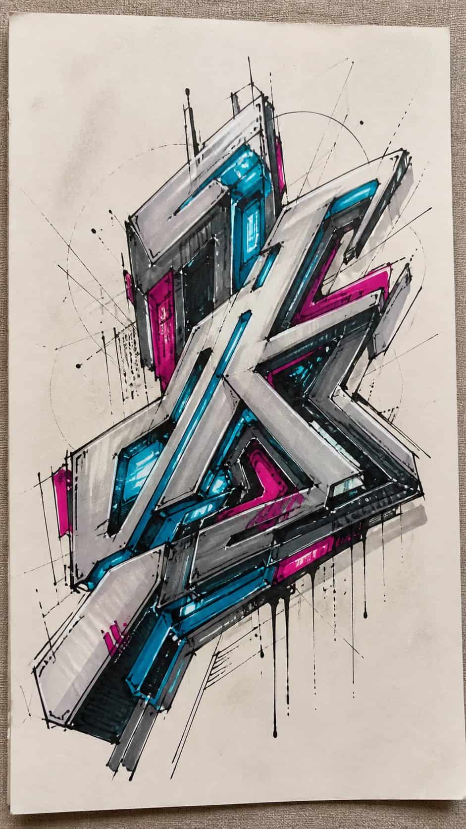 Feeling Stuck? 20 Graffiti Drawing Ideas To Reignite Your Passion! 31 Hand-drawn futuristic designs in marker drawing on textured paper, shown in a slightly off-center overhead composition, like an artist — study 1