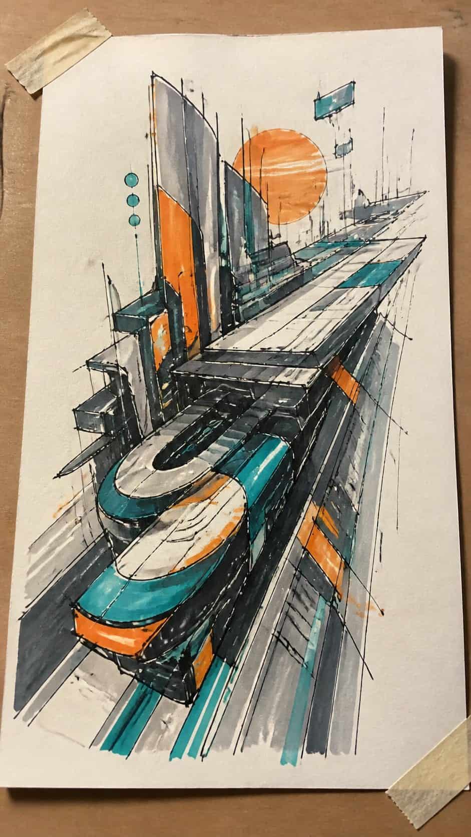 Feeling Stuck? 20 Graffiti Drawing Ideas To Reignite Your Passion! 33 Hand-drawn futuristic designs in marker drawing on textured paper, shown in a gentle oblique desk view that shows paper tooth and — study 3