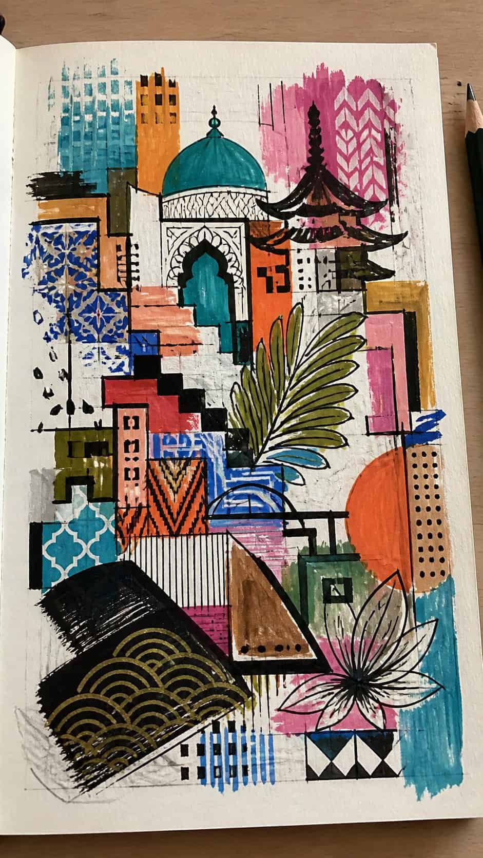 Feeling Stuck? 20 Graffiti Drawing Ideas To Reignite Your Passion! 34 Hand-drawn cultural mashups in marker drawing on textured paper, shown in a close overhead crop — study 1