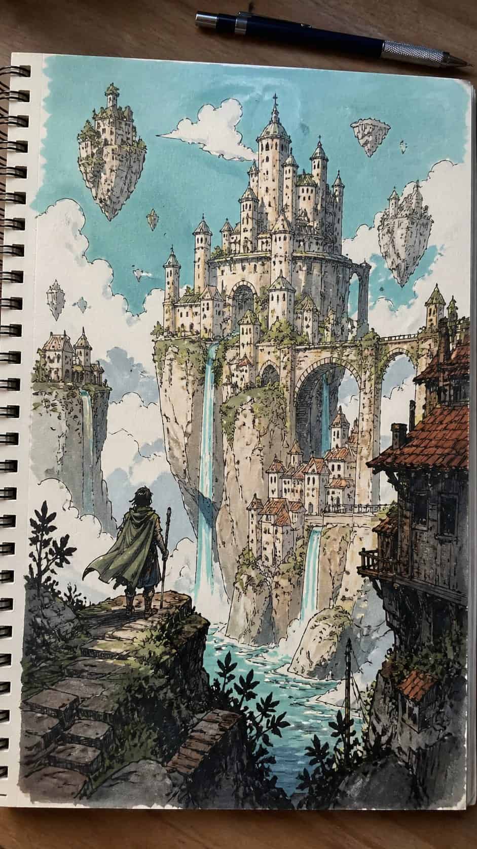 Feeling Stuck? 20 Graffiti Drawing Ideas To Reignite Your Passion! 45 Hand-drawn fantasy worlds in marker drawing on textured paper, shown in a slightly off-center overhead composition, like an artist — study 1