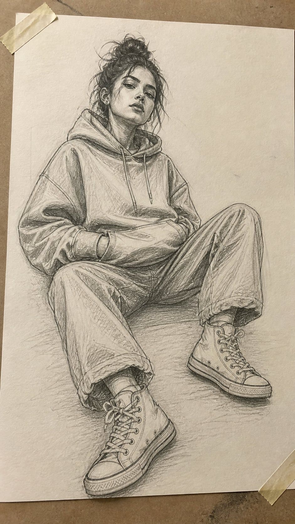 20 Girl Drawing Concepts to Elevate Your Art Game 5 Hand-drawn urban street style in graphite drawing on textured paper, shown in a slightly off-center overhead composition, like an — study 1