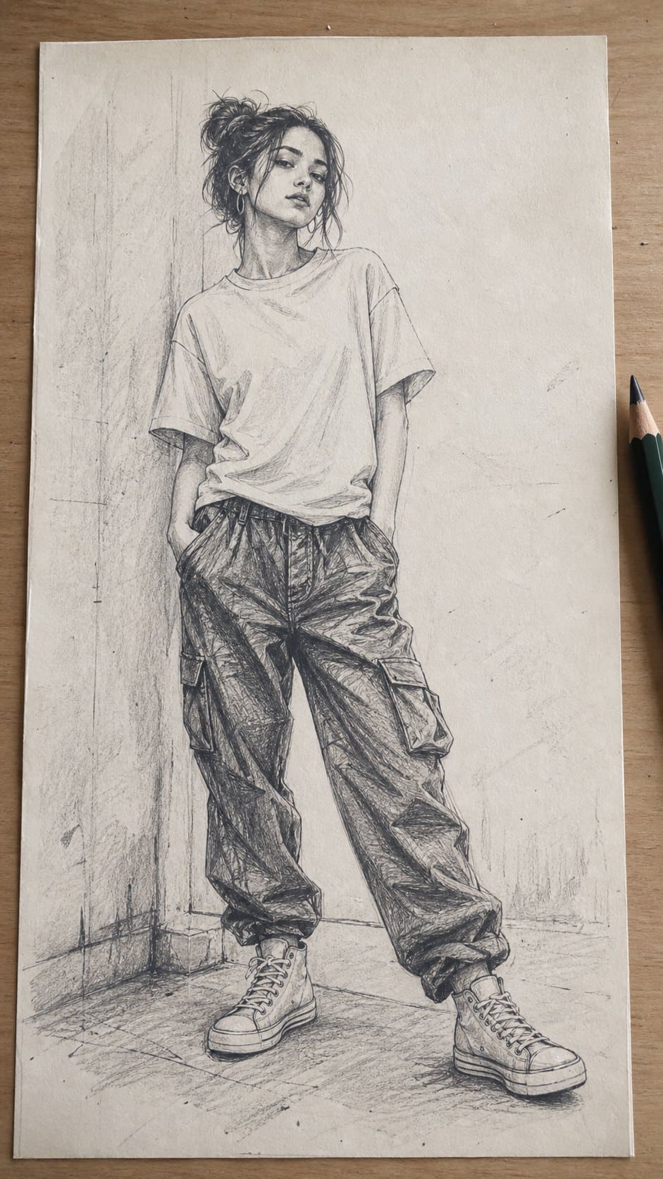 20 Girl Drawing Concepts to Elevate Your Art Game 6 Hand-drawn urban street style in graphite drawing on textured paper, shown in a straight overhead view — study 2